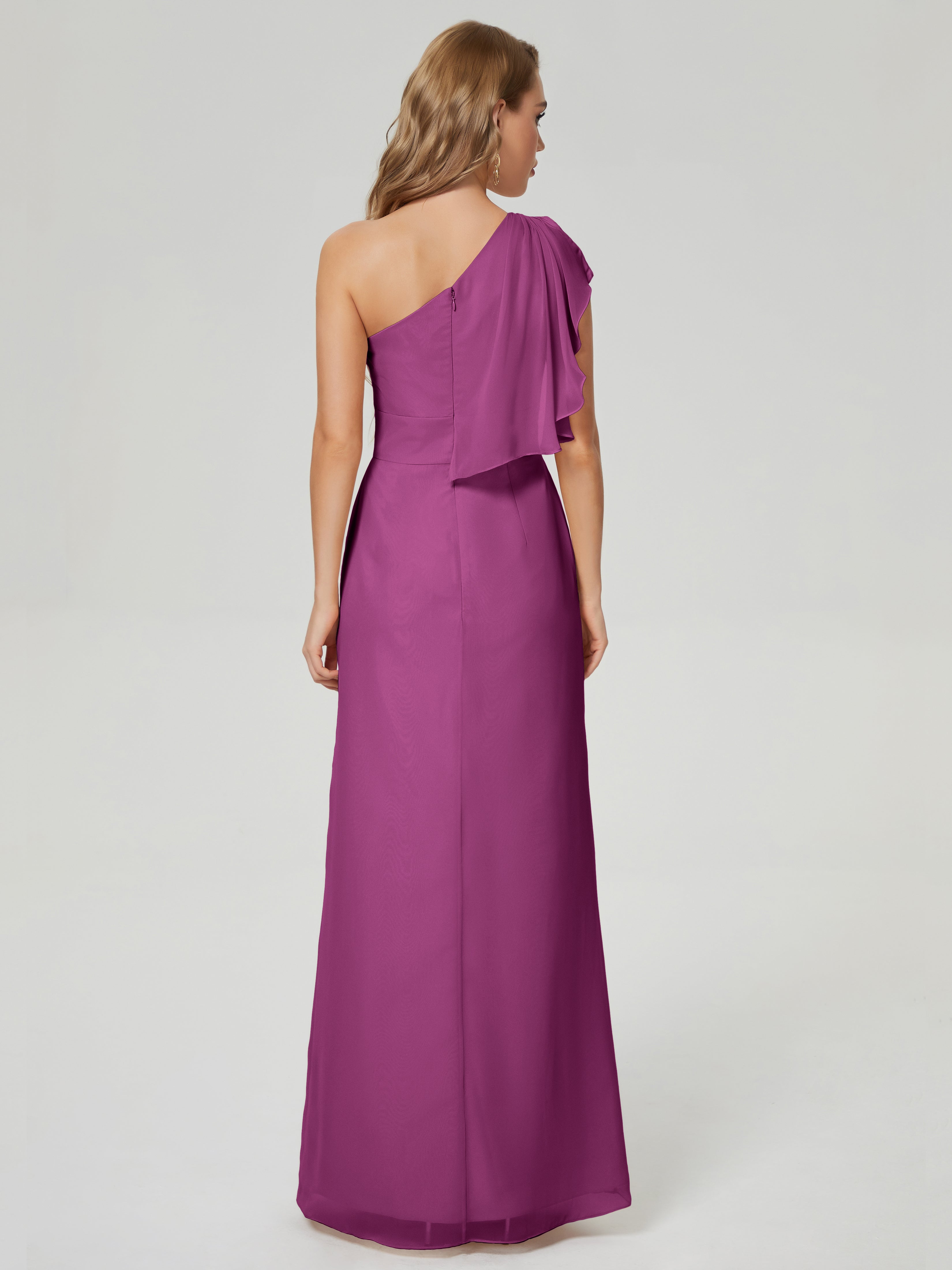 Robes De Demoiselle D'Honneur Orchidée Fendue Seule-Épaule Mousseline Robes Demoiselle D'Honneur À Volants