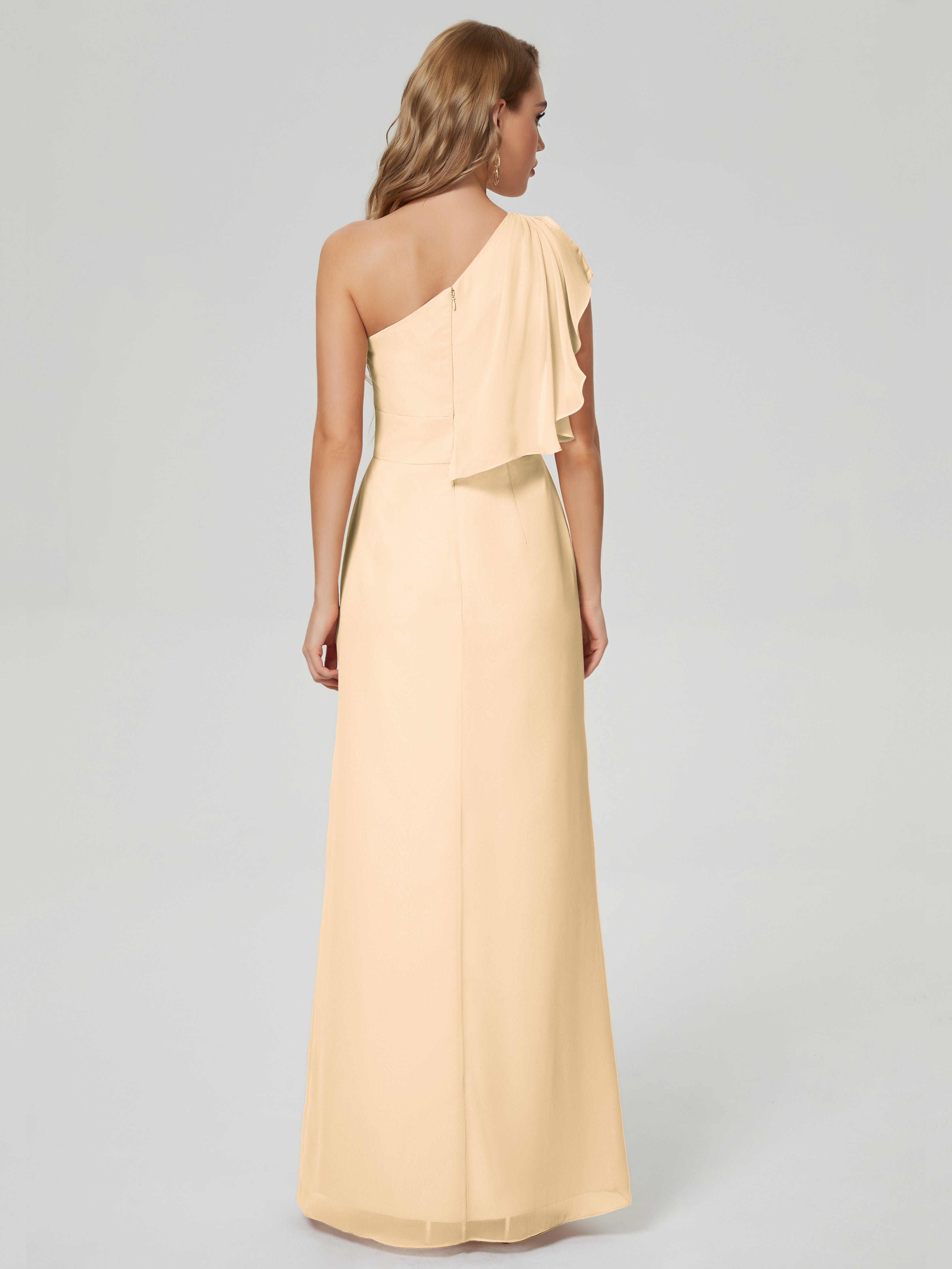 Robe Demoiselle D Honneur Pêche Fendue Seule-Épaule Mousseline Robes Demoiselle D'Honneur À Volants