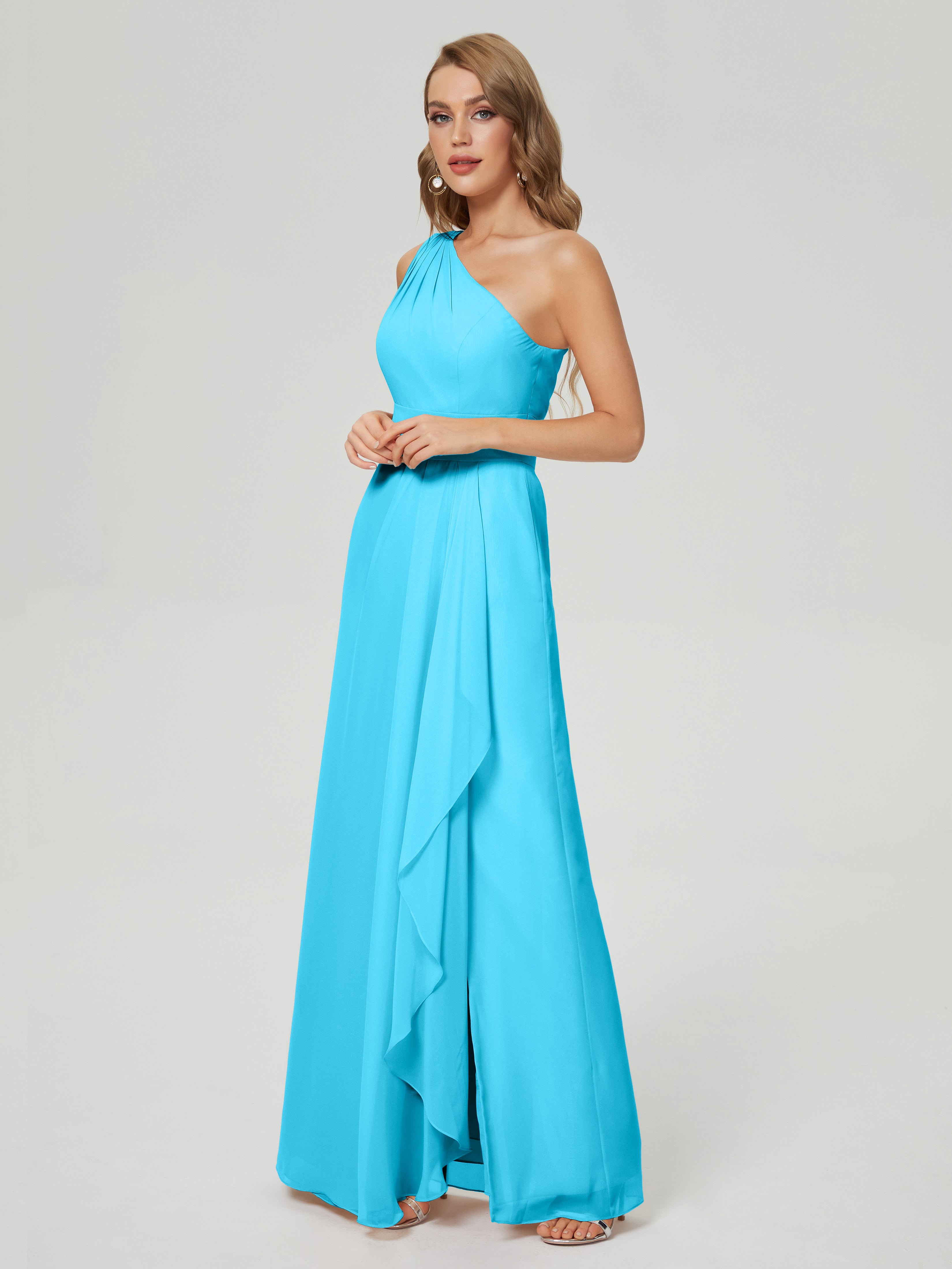 Robe De Demoiselle D'Honneur En Piscine Fendue Seule-Épaule Mousseline Robes Demoiselle D'Honneur À Volants