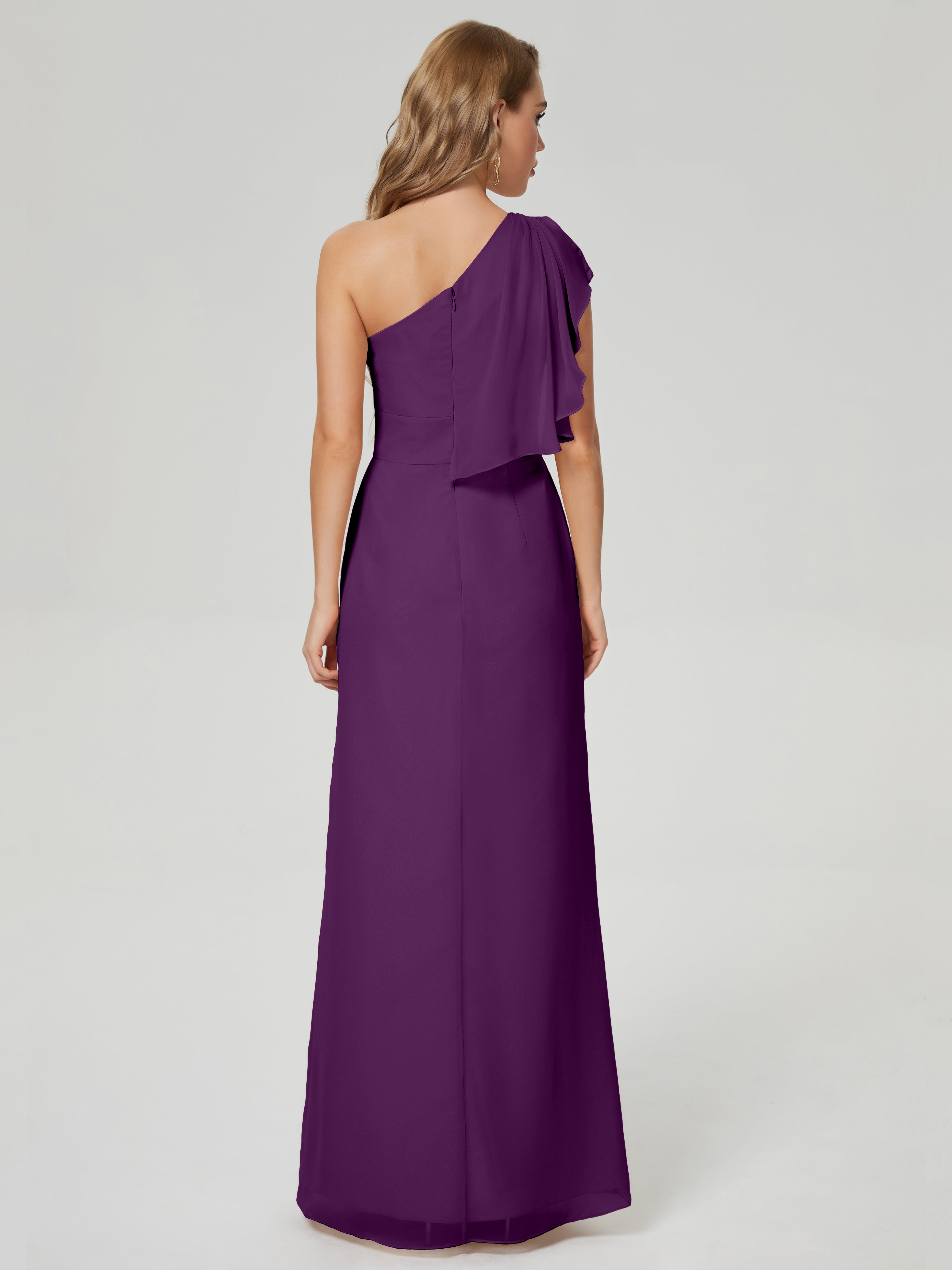 Robes De Demoiselle D'Honneur En Raisin Fendue Seule-Épaule Mousseline Robes Demoiselle D'Honneur À Volants