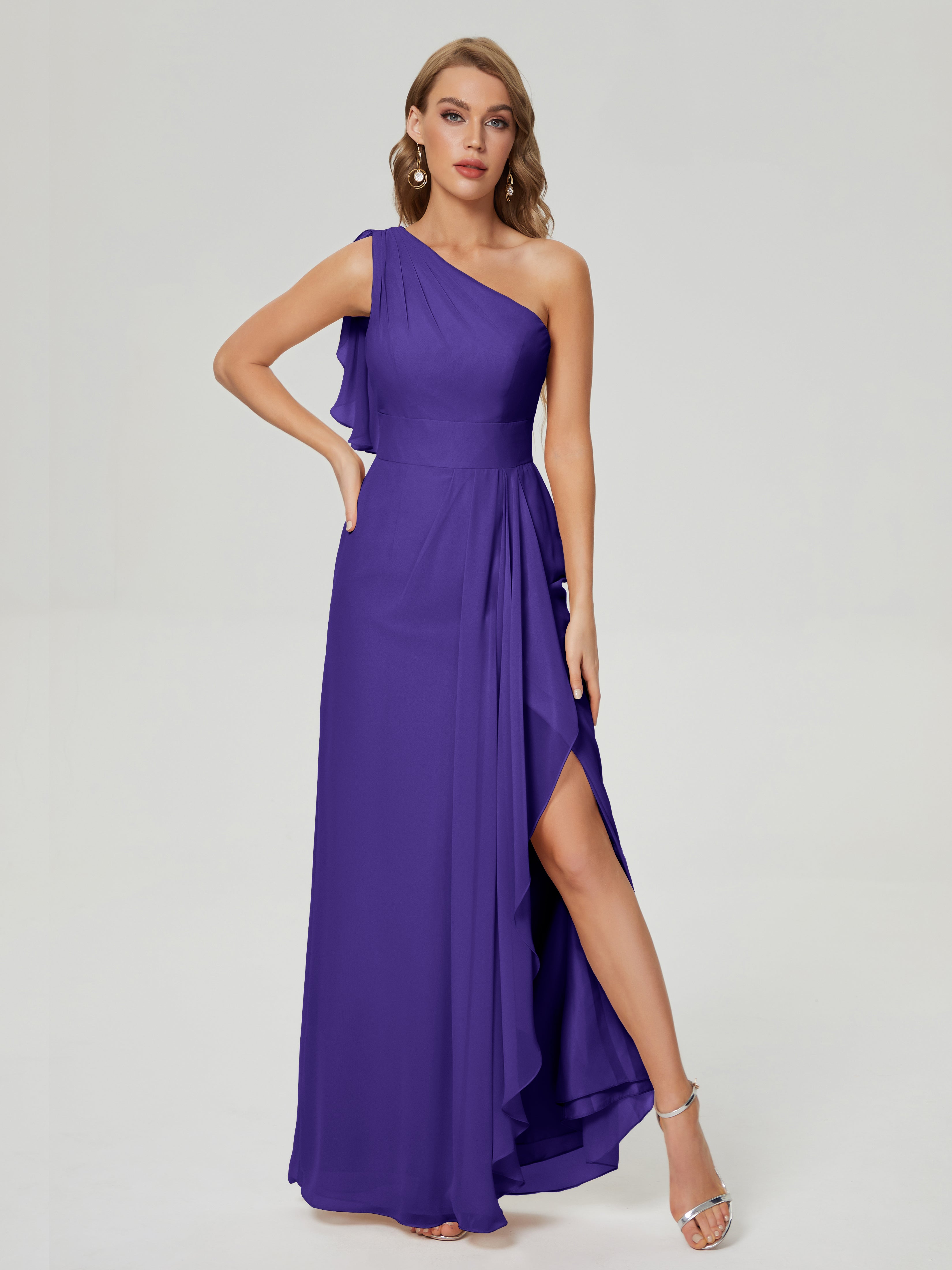 Robes De Demoiselle D'Honneur En Régence Fendue Seule-Épaule Mousseline Robes Demoiselle D'Honneur À Volants