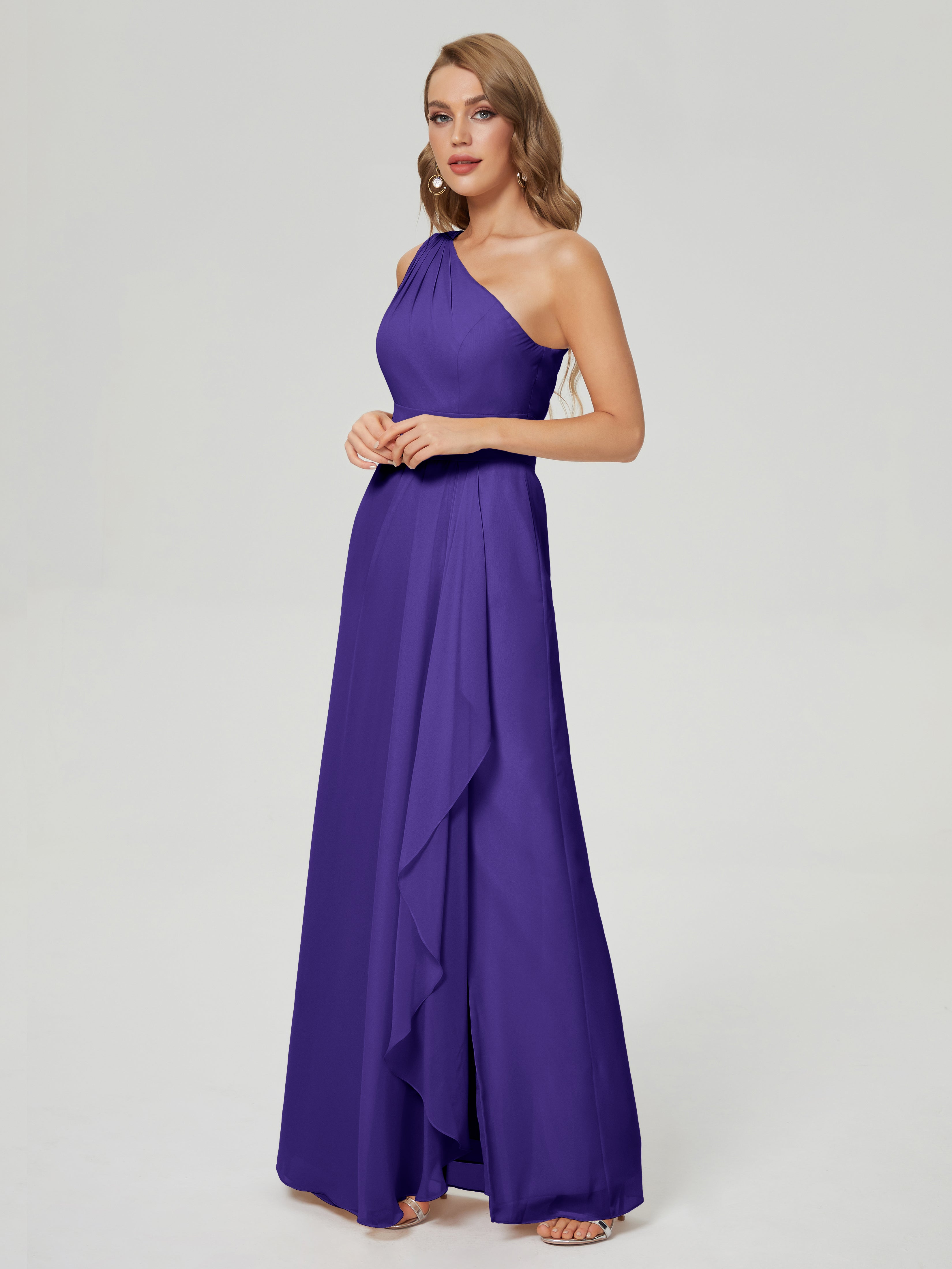 Robes De Demoiselle D'Honneur En Régence Fendue Seule-Épaule Mousseline Robes Demoiselle D'Honneur À Volants