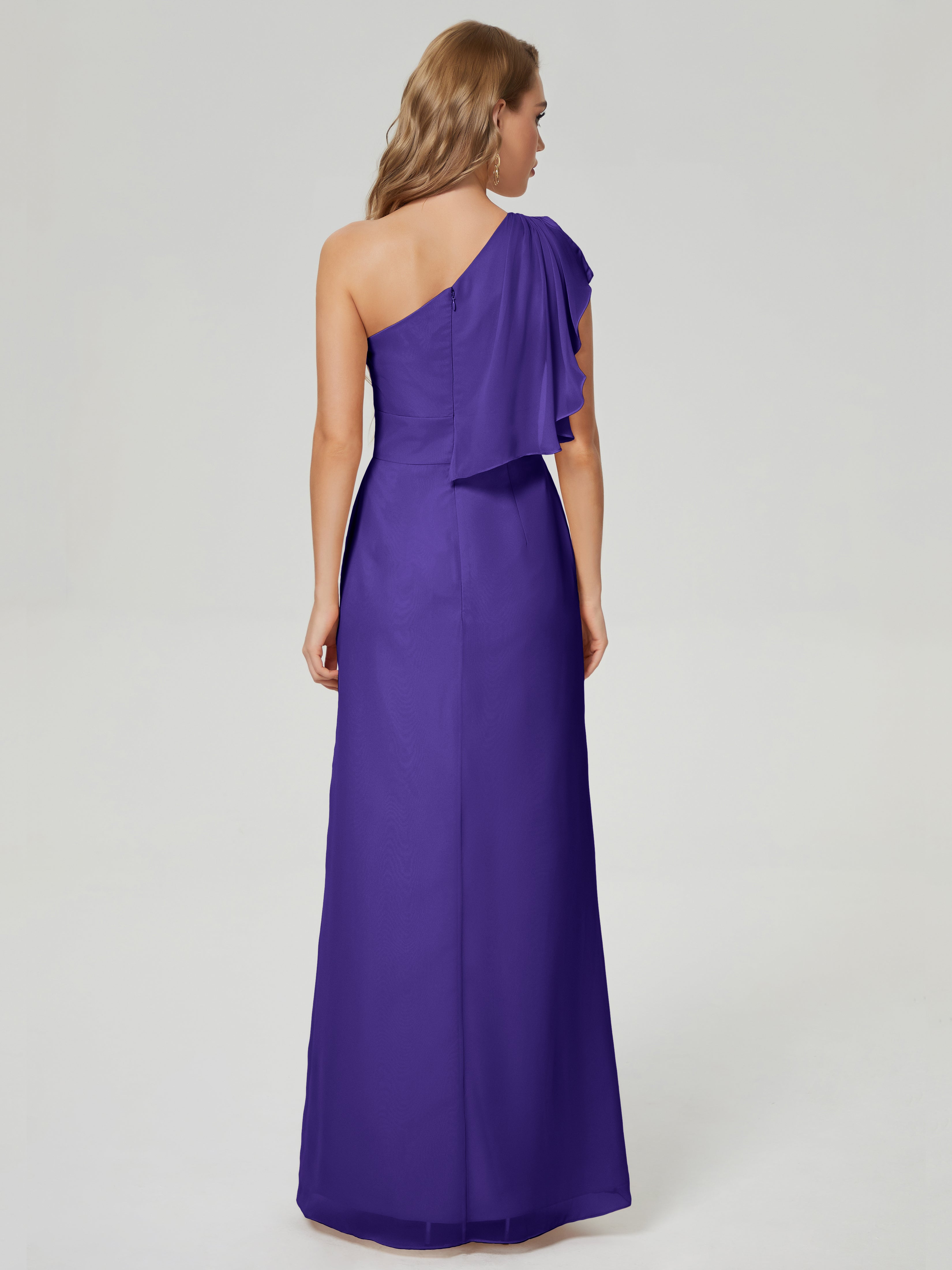 Robes De Demoiselle D'Honneur En Régence Fendue Seule-Épaule Mousseline Robes Demoiselle D'Honneur À Volants