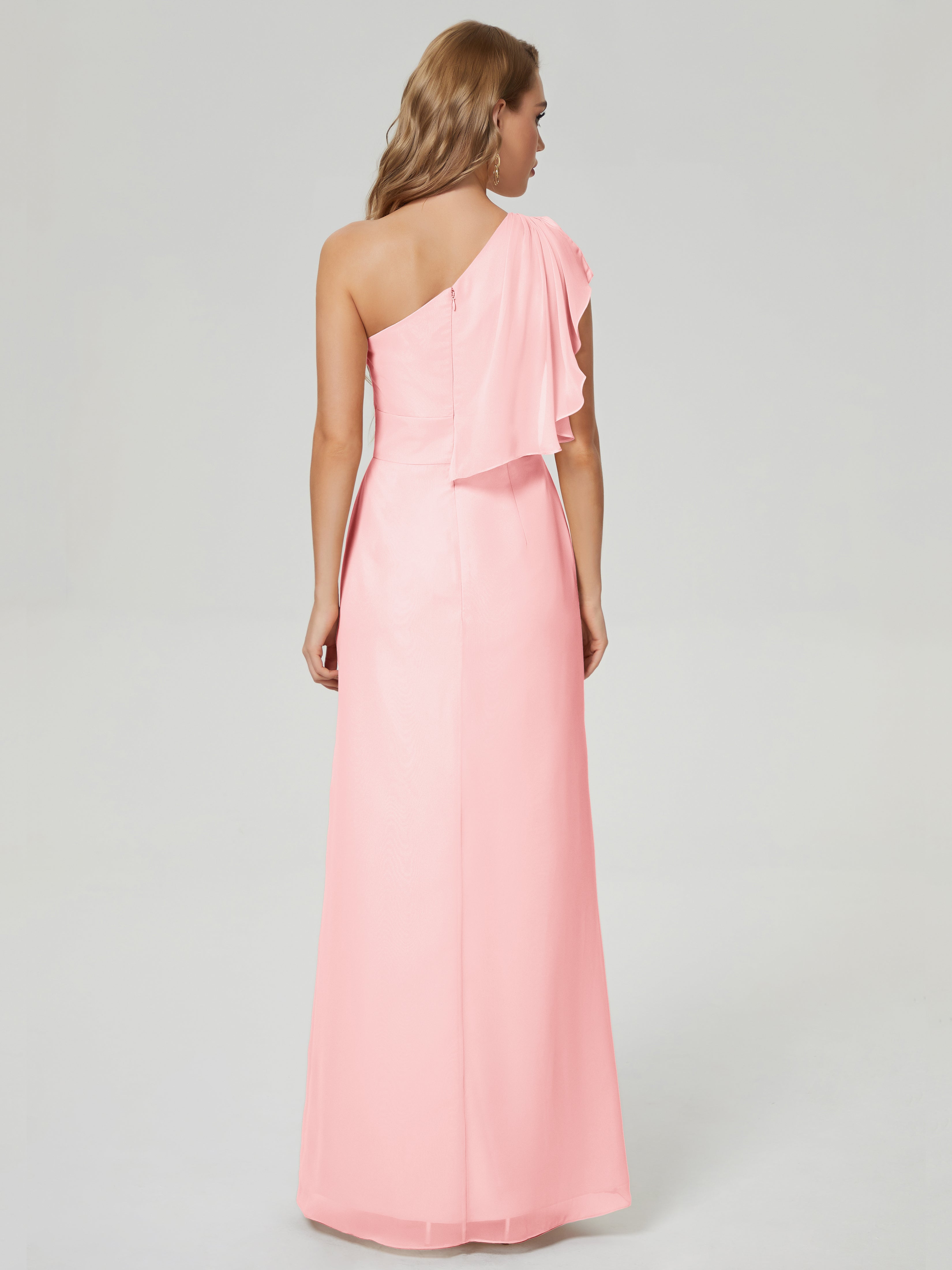 Robes De Demoiselle D'Honneur Rose Mauve Fendue Seule-Épaule Mousseline Robes Demoiselle D'Honneur À Volants