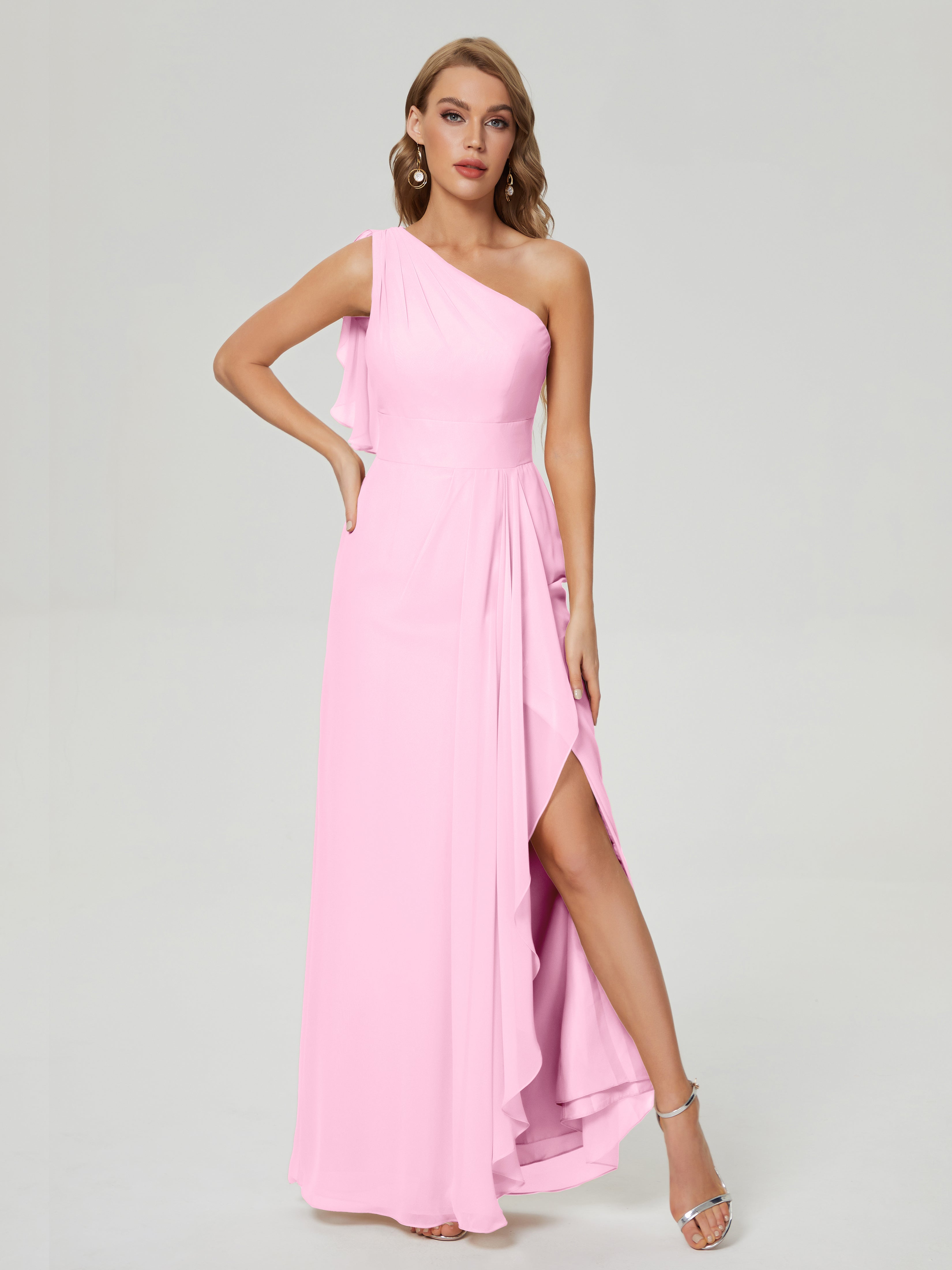 Robe Demoiselle D Honneur Rose Bonbon Fendue Seule-Épaule Mousseline Robes Demoiselle D'Honneur À Volants