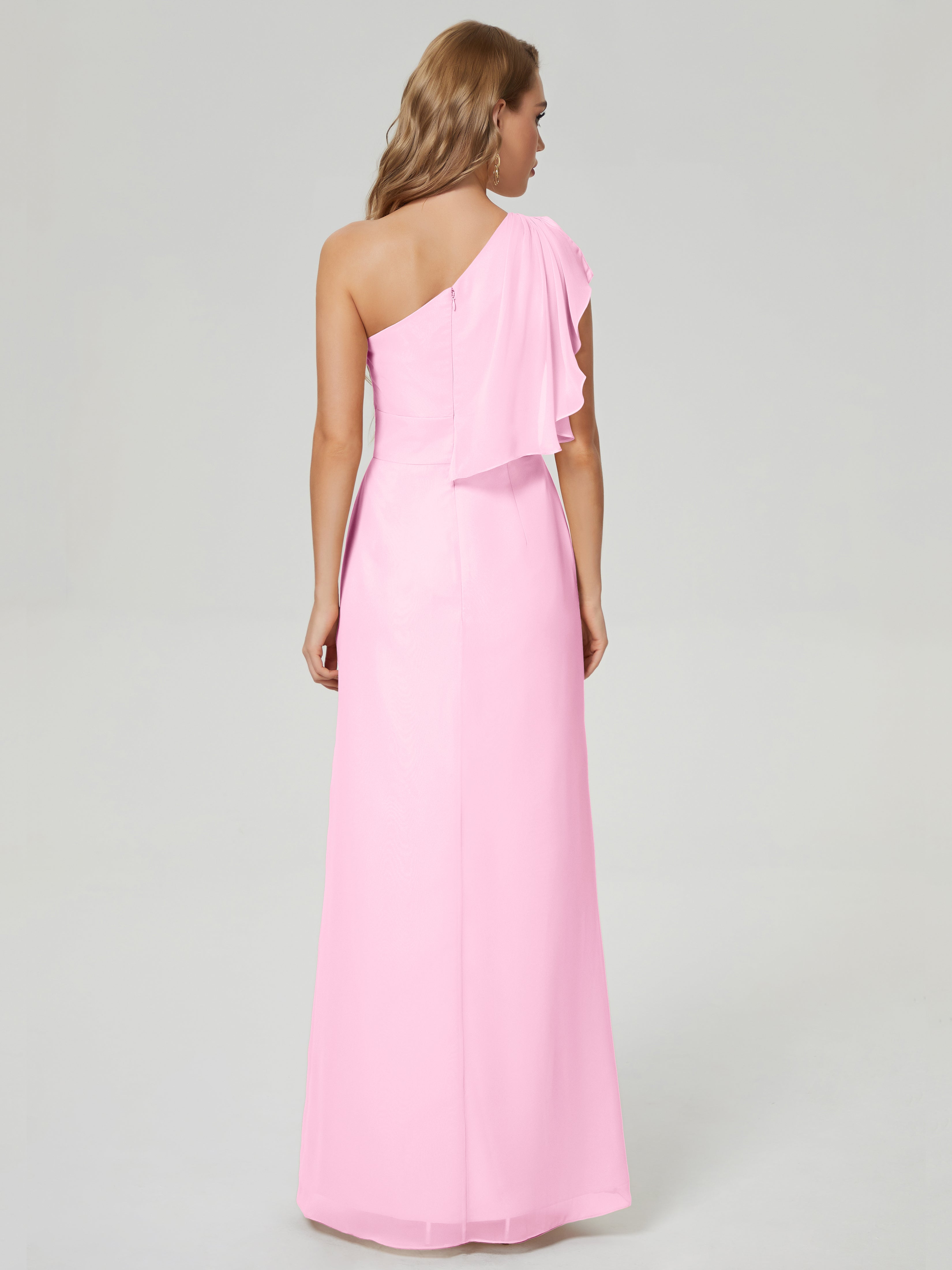 Robe Demoiselle D Honneur Rose Bonbon Fendue Seule-Épaule Mousseline Robes Demoiselle D'Honneur À Volants