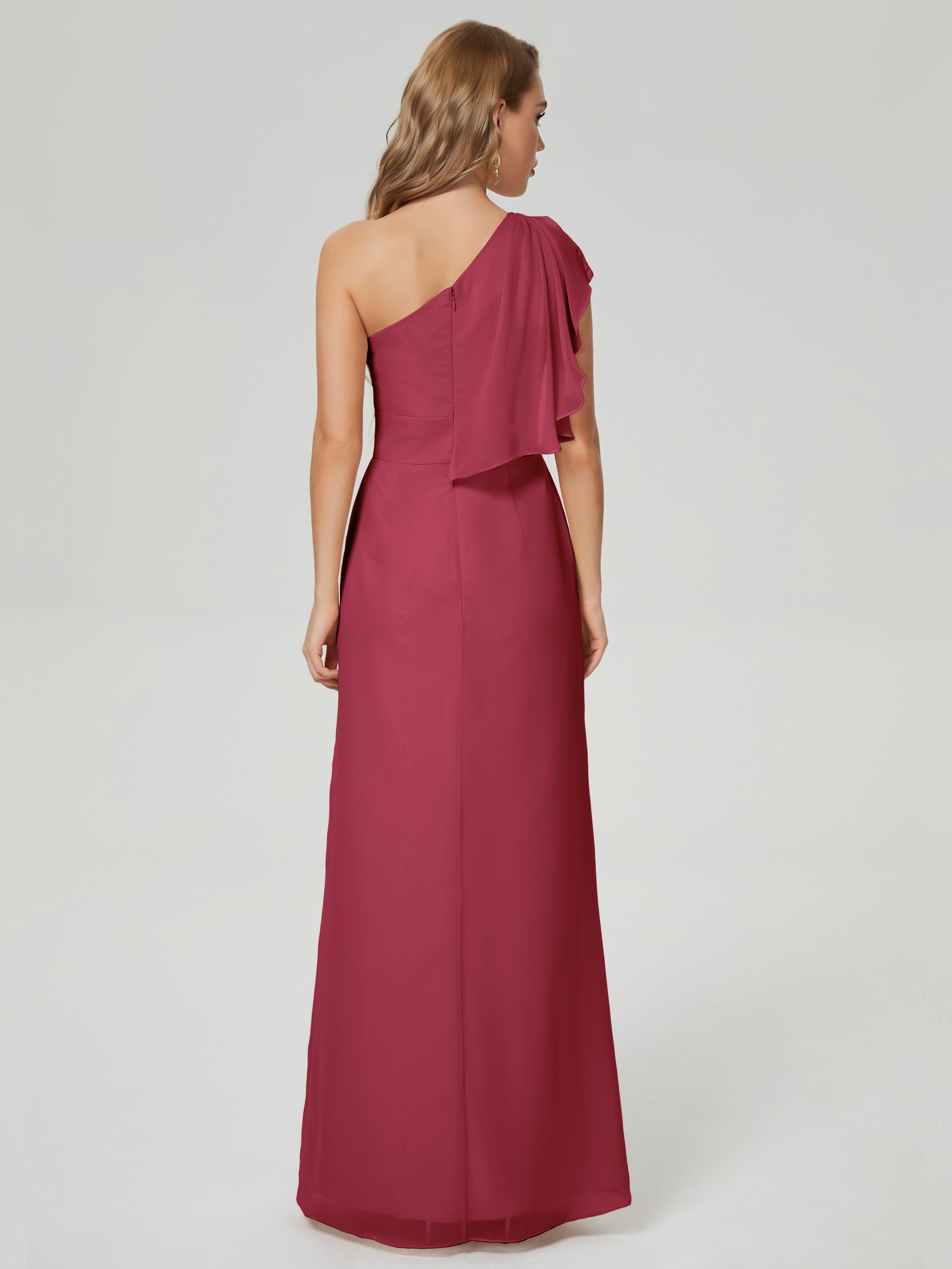Couleur Rose Cannelle Fendue Seule-Épaule Mousseline Robes Demoiselle D'Honneur À Volants