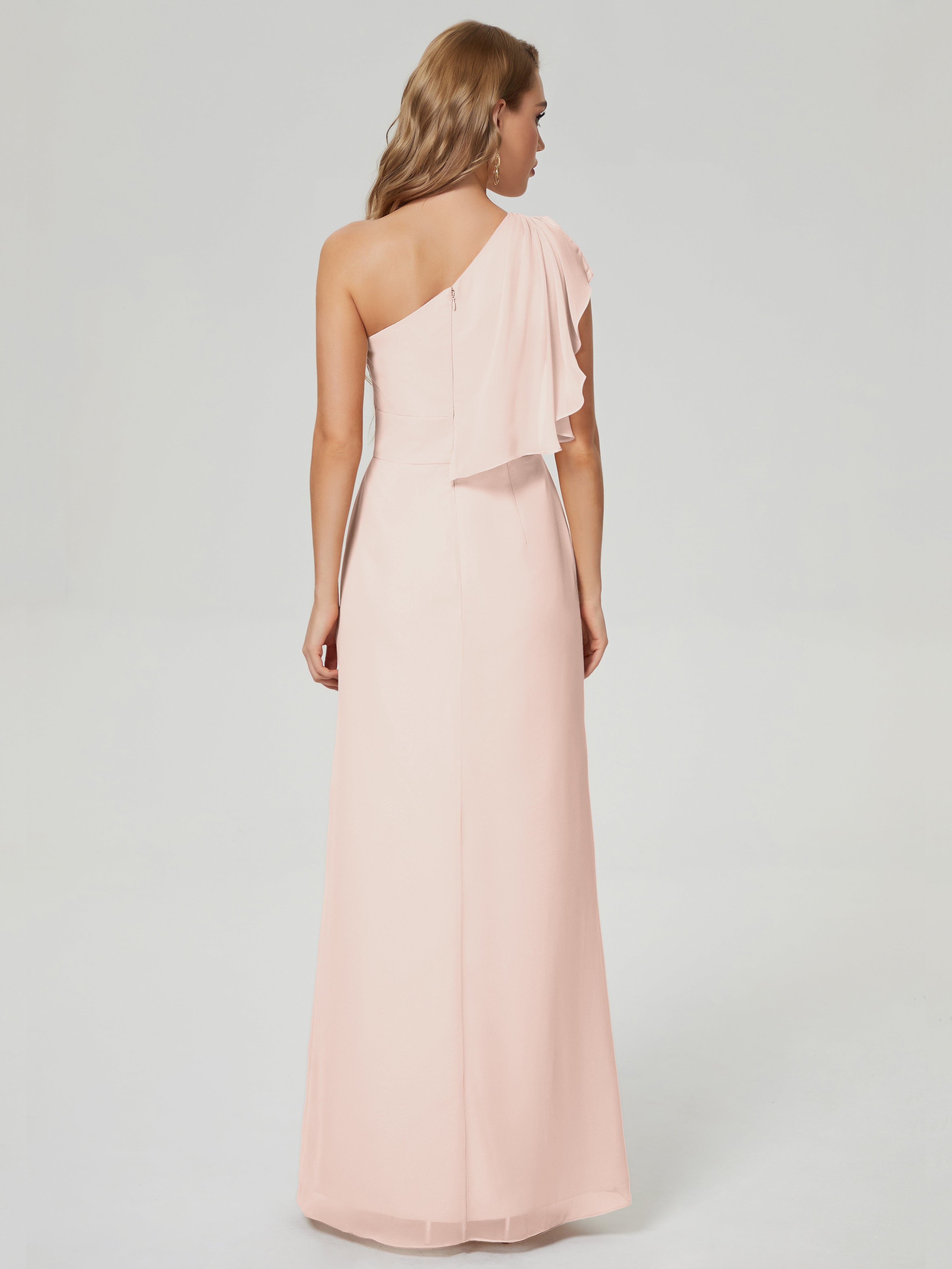 Robe Demoiselle D Honneur Rose Perle Fendue Seule-Épaule Mousseline Robes Demoiselle D'Honneur À Volants