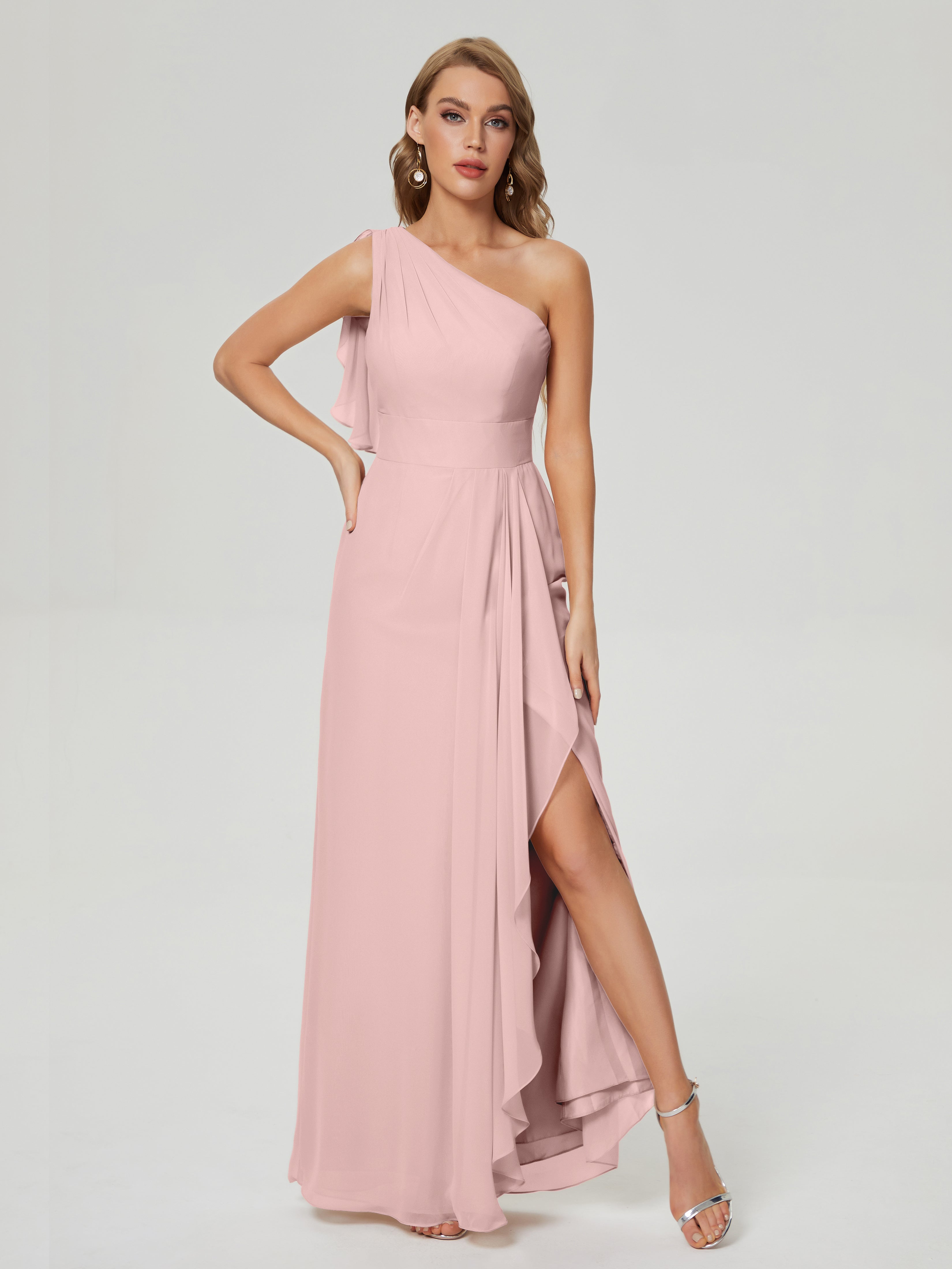 Robe Longue Demoiselle D Honneur Rose Poudré Fendue Seule-Épaule Mousseline Robes Demoiselle D'Honneur À Volants