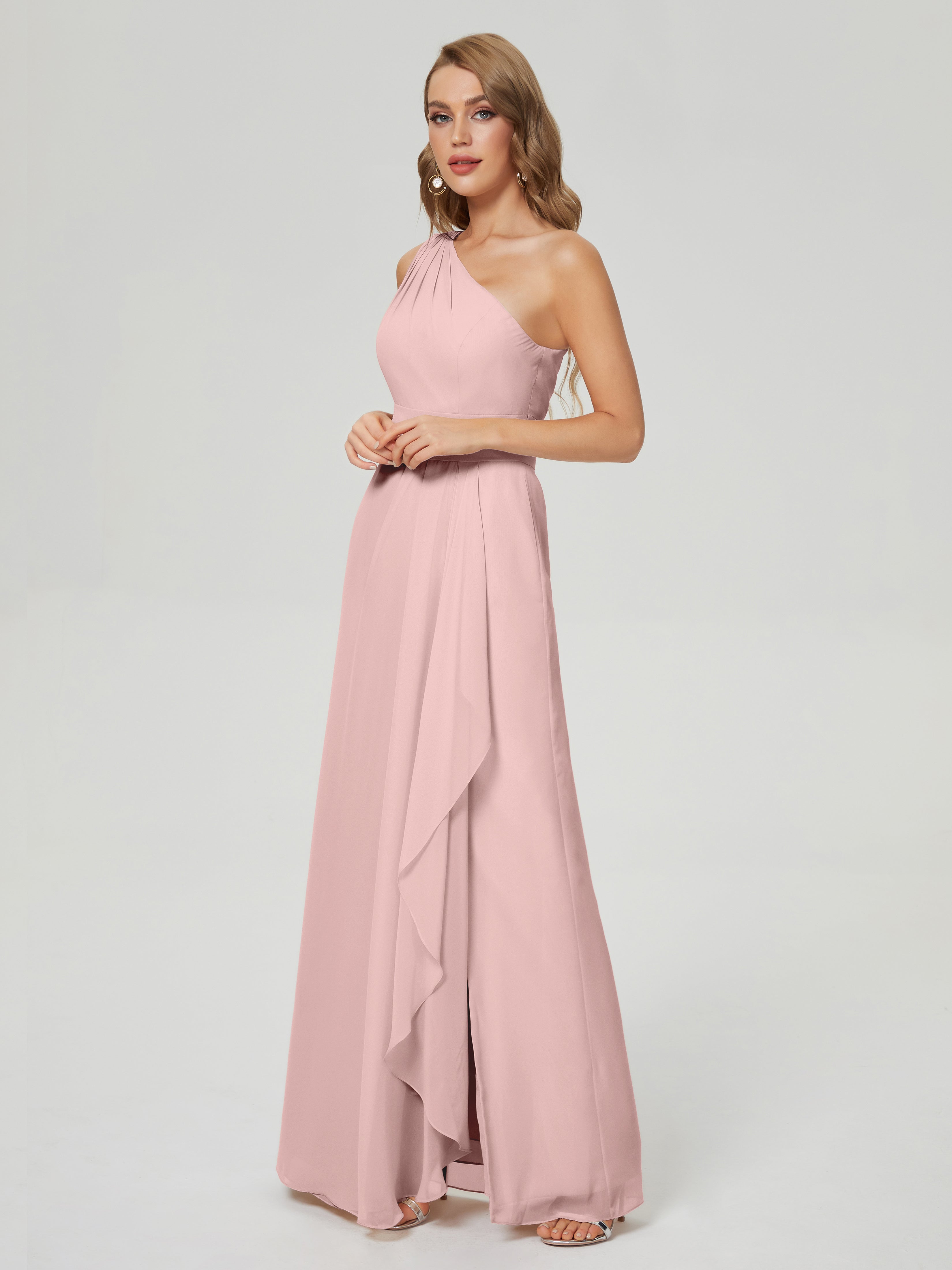 Robe Longue Demoiselle D Honneur Rose Poudré Fendue Seule-Épaule Mousseline Robes Demoiselle D'Honneur À Volants
