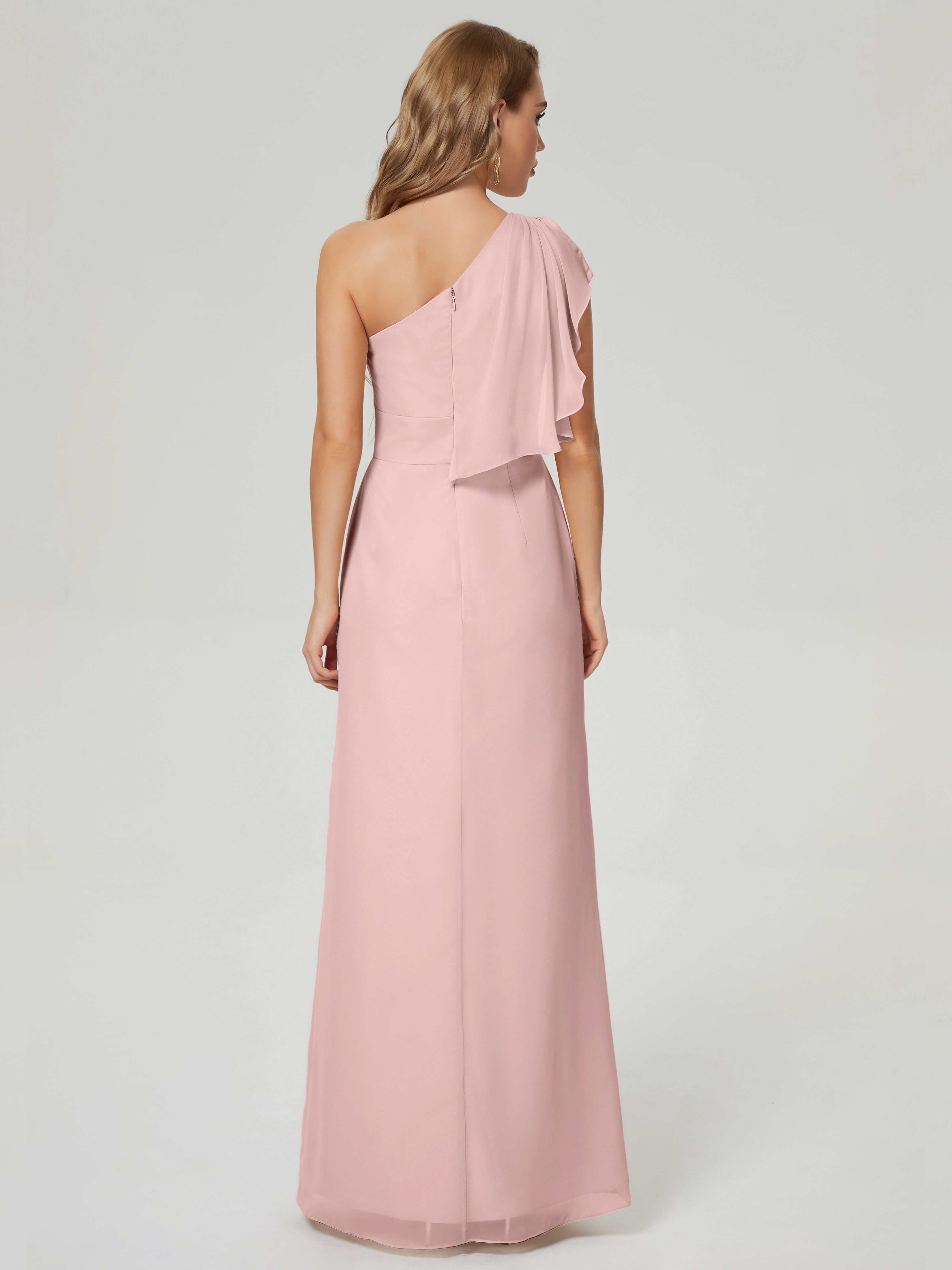 Robe Longue Demoiselle D Honneur Rose Poudré Fendue Seule-Épaule Mousseline Robes Demoiselle D'Honneur À Volants