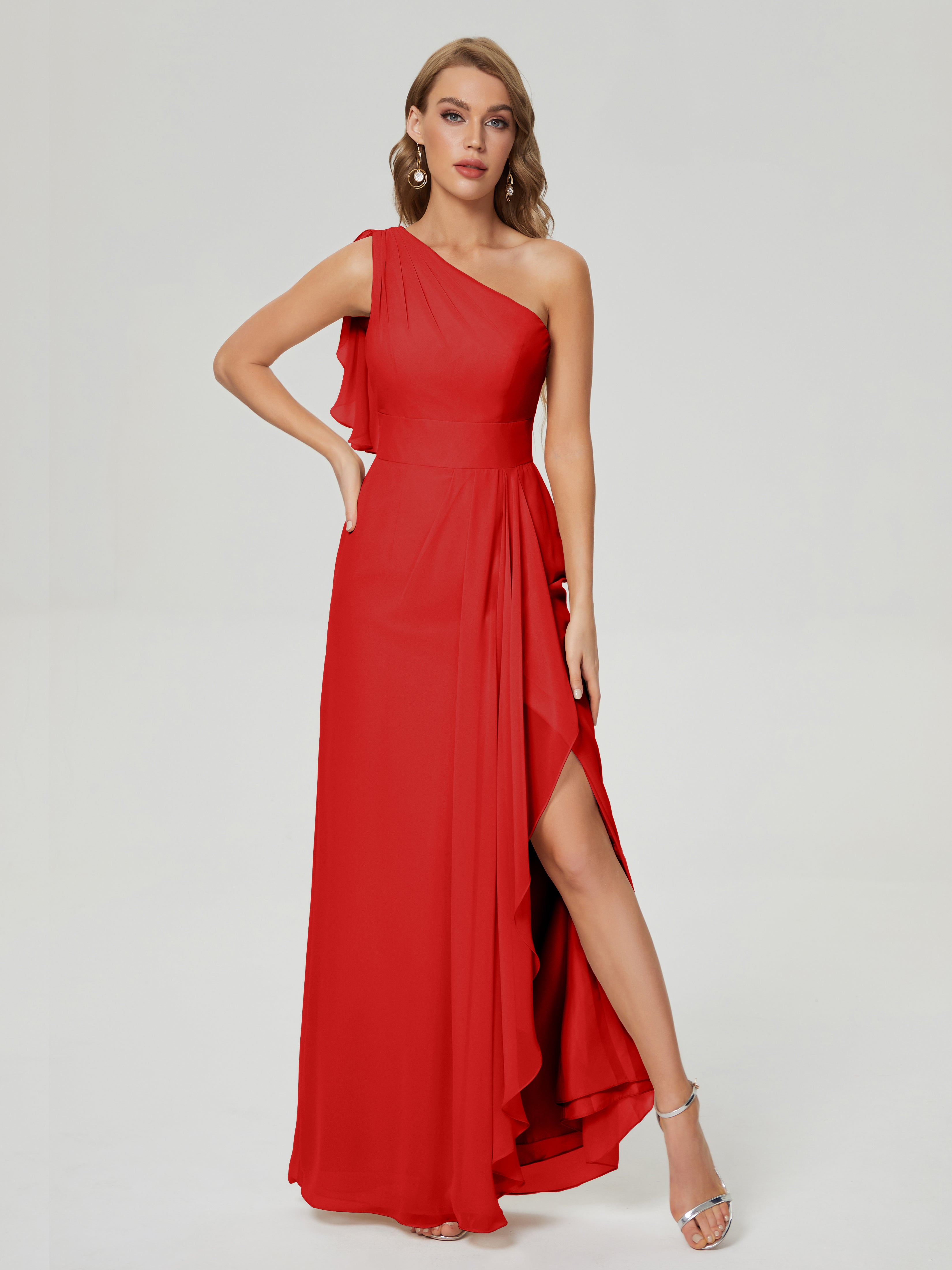 Robe Rouge Demoiselle D Honneur Fendue Seule-Épaule Mousseline Robes Demoiselle D'Honneur À Volants