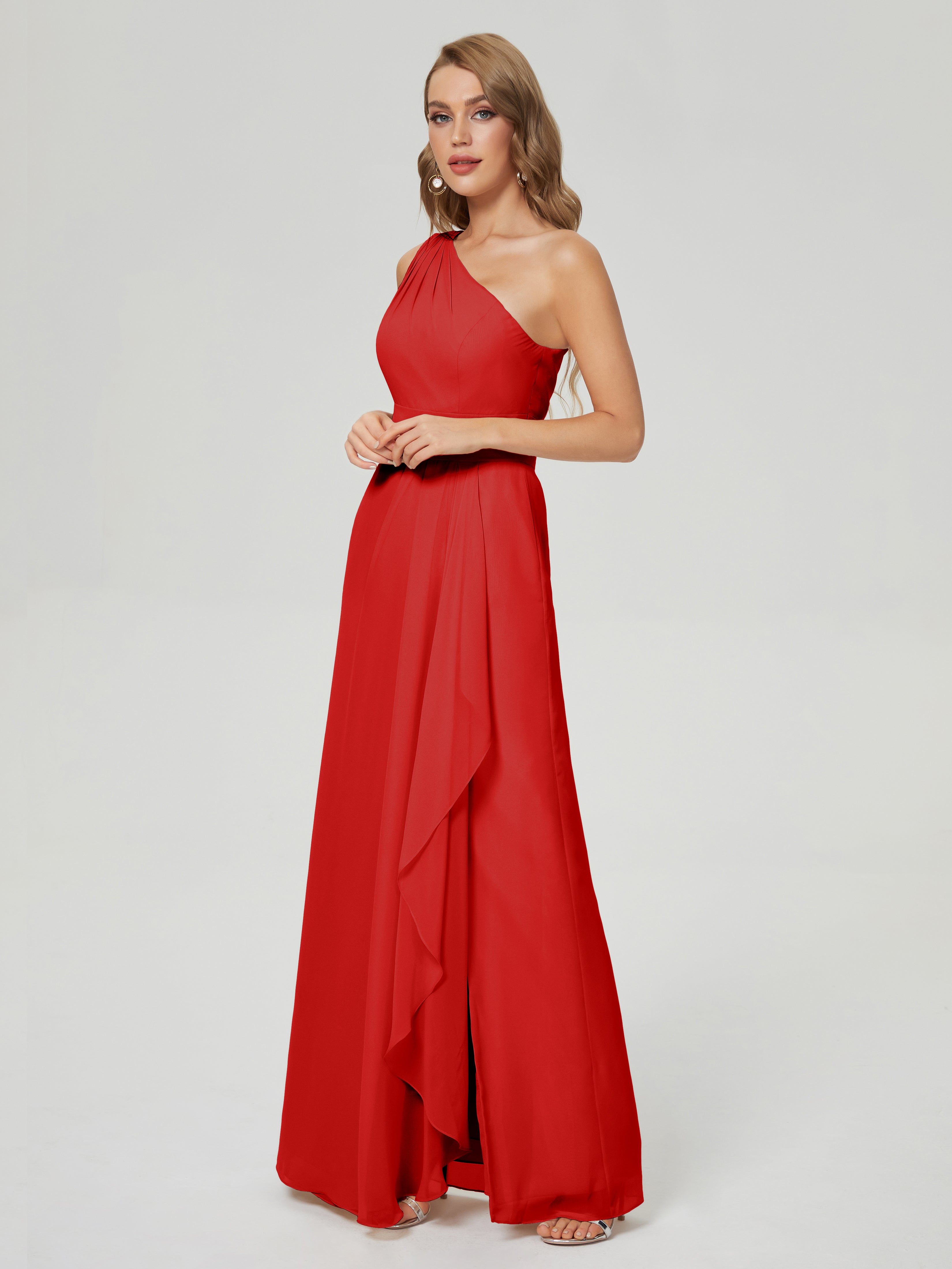 Robe Rouge Demoiselle D Honneur Fendue Seule-Épaule Mousseline Robes Demoiselle D'Honneur À Volants