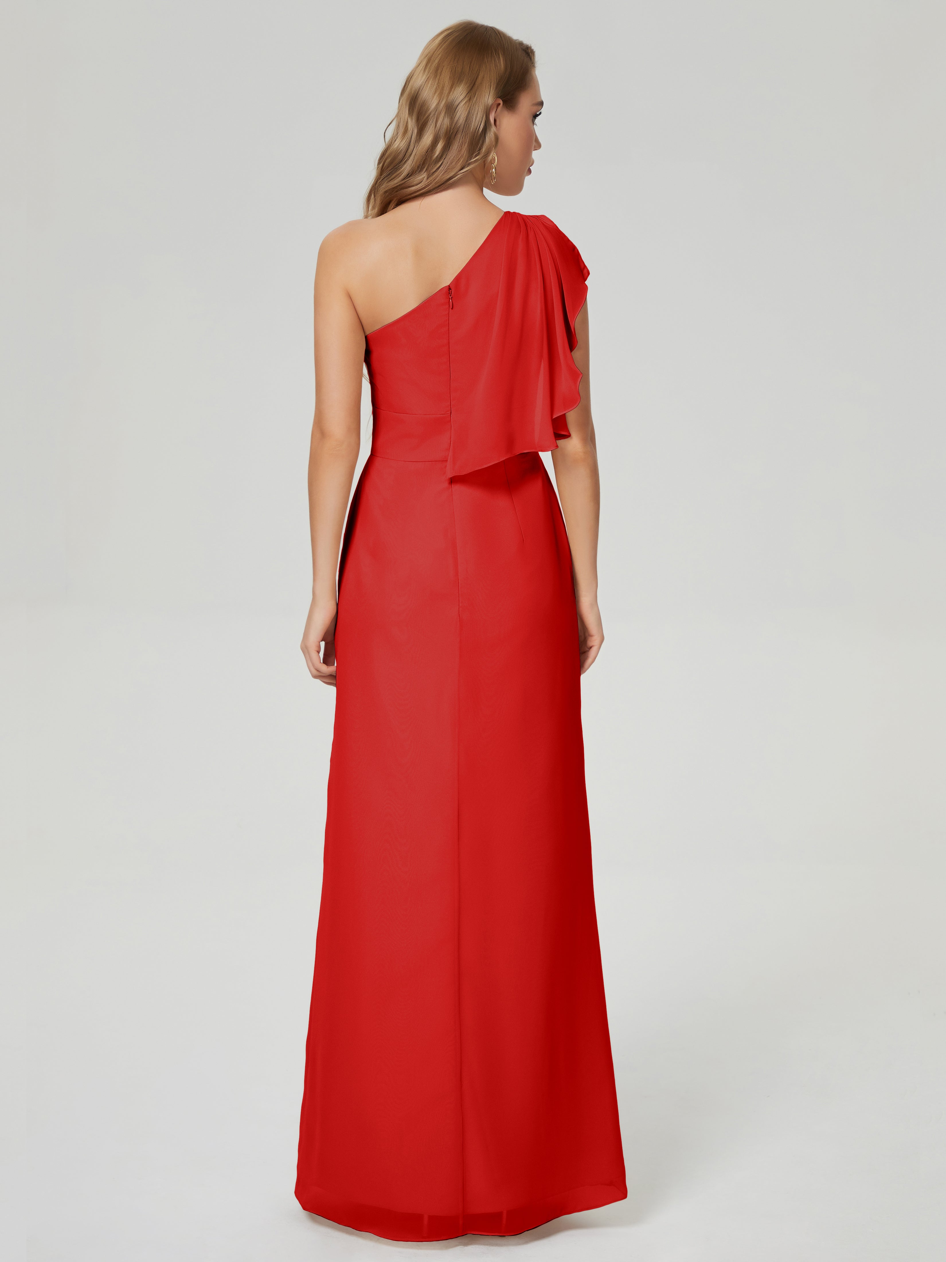 Robe Rouge Demoiselle D Honneur Fendue Seule-Épaule Mousseline Robes Demoiselle D'Honneur À Volants