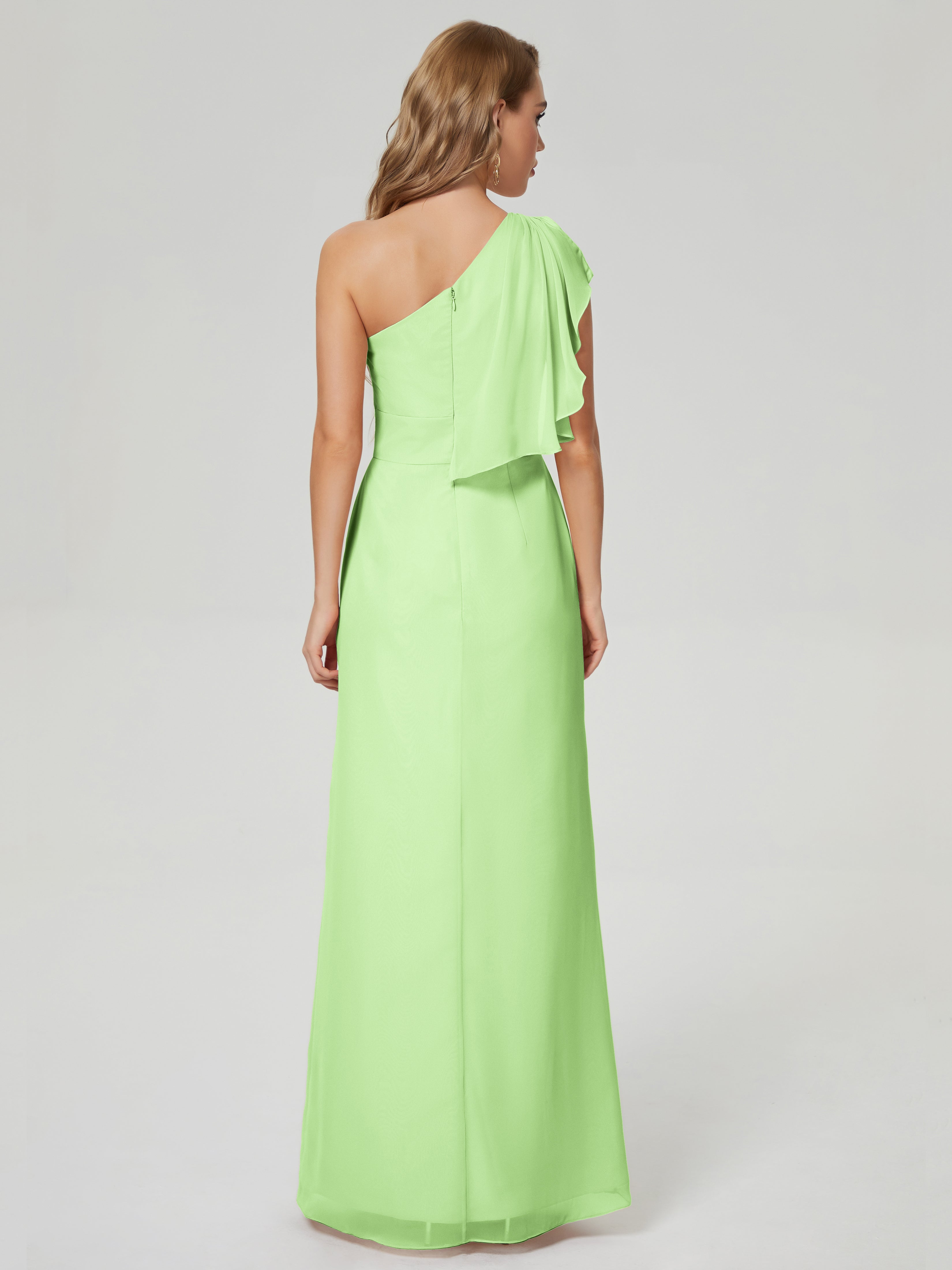 Robes De Demoiselle D'Honneur Vert Sauge Fendue Seule-Épaule Mousseline Robes Demoiselle D'Honneur À Volants