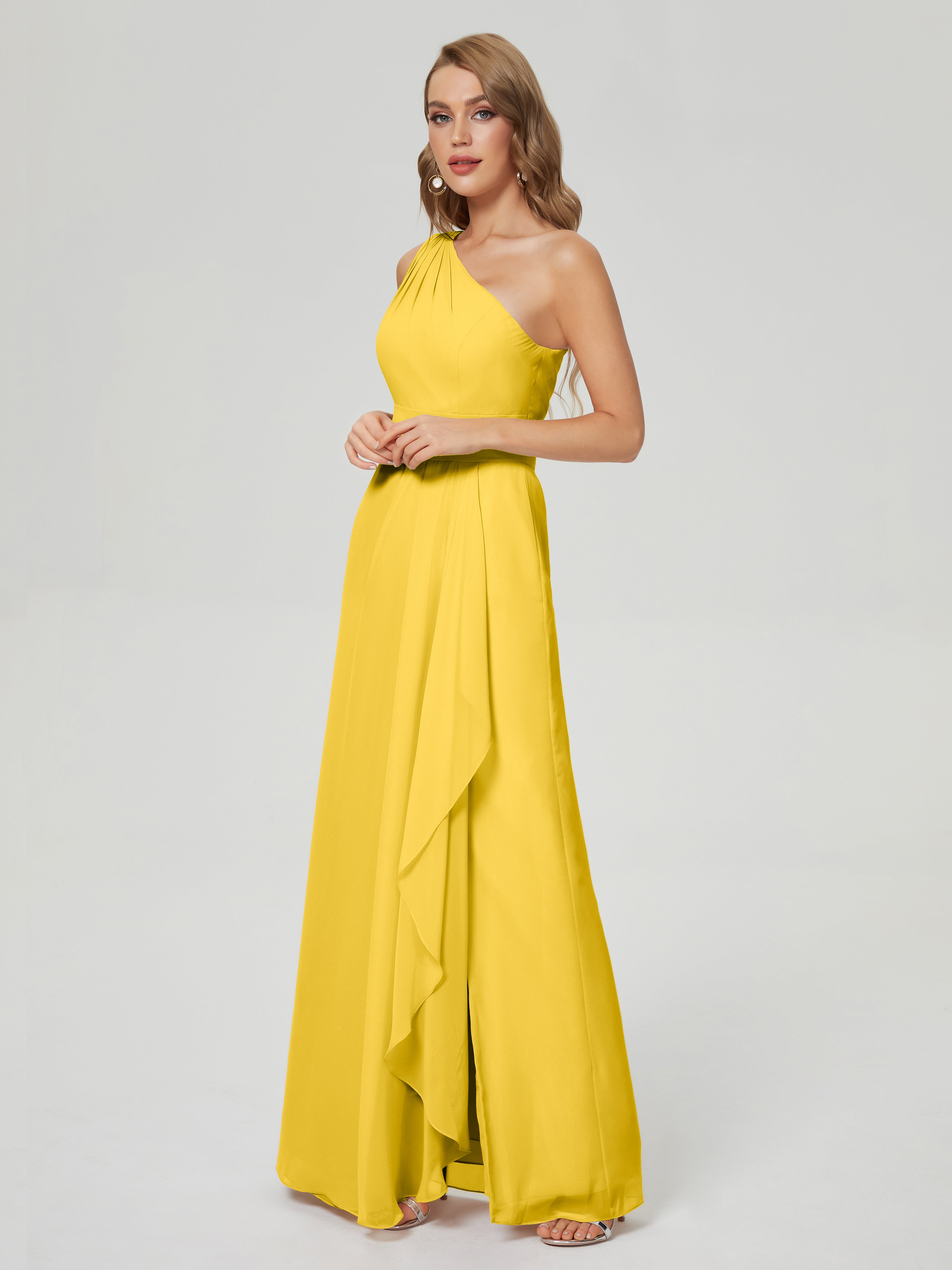 Robe De Demoiselle D'Honneur Souci Fendue Seule-Épaule Mousseline Robes Demoiselle D'Honneur À Volants