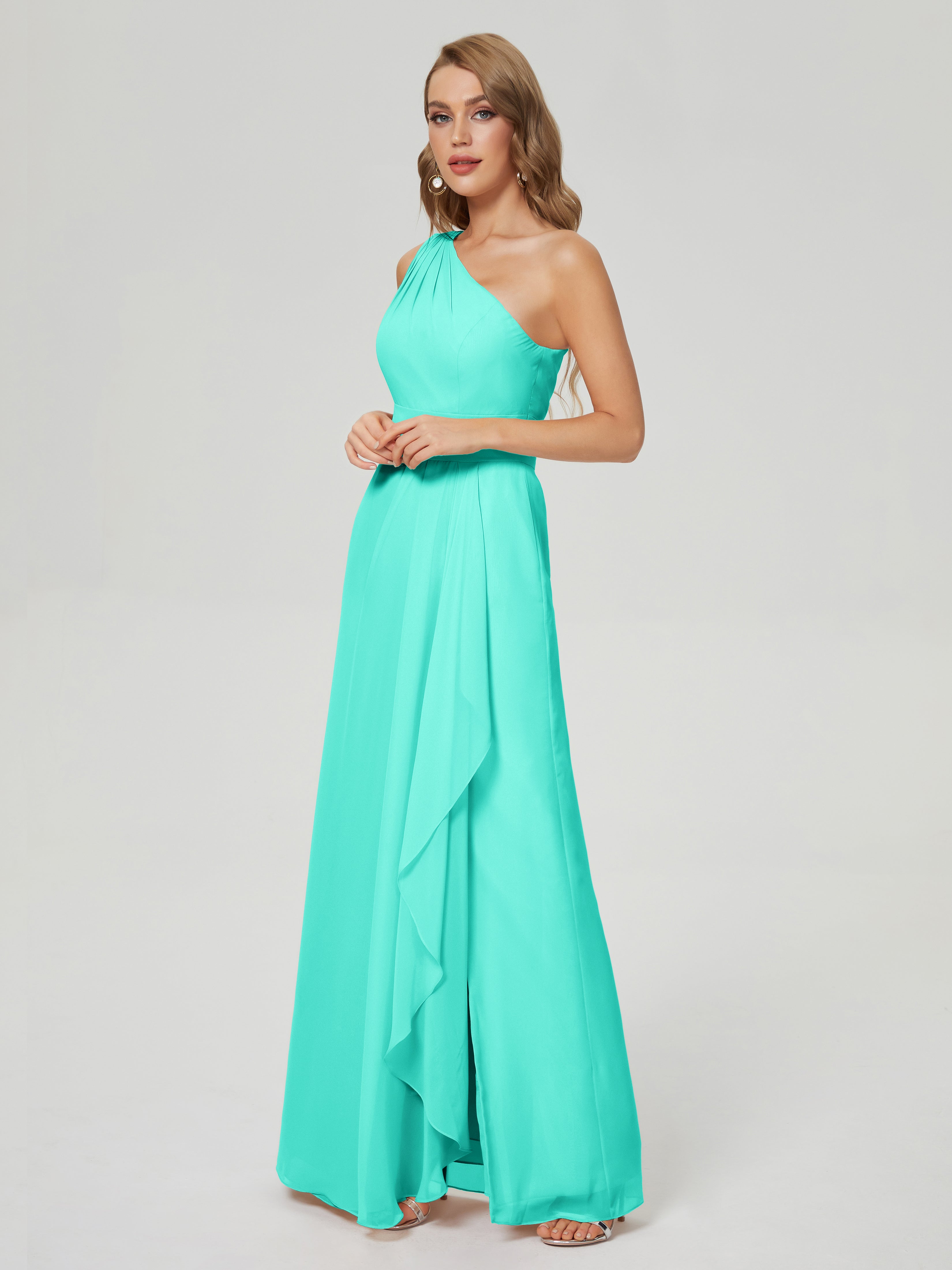 Robes De Demoiselle D'Honneur Spa Fendue Seule-Épaule Mousseline Robes Demoiselle D'Honneur À Volants