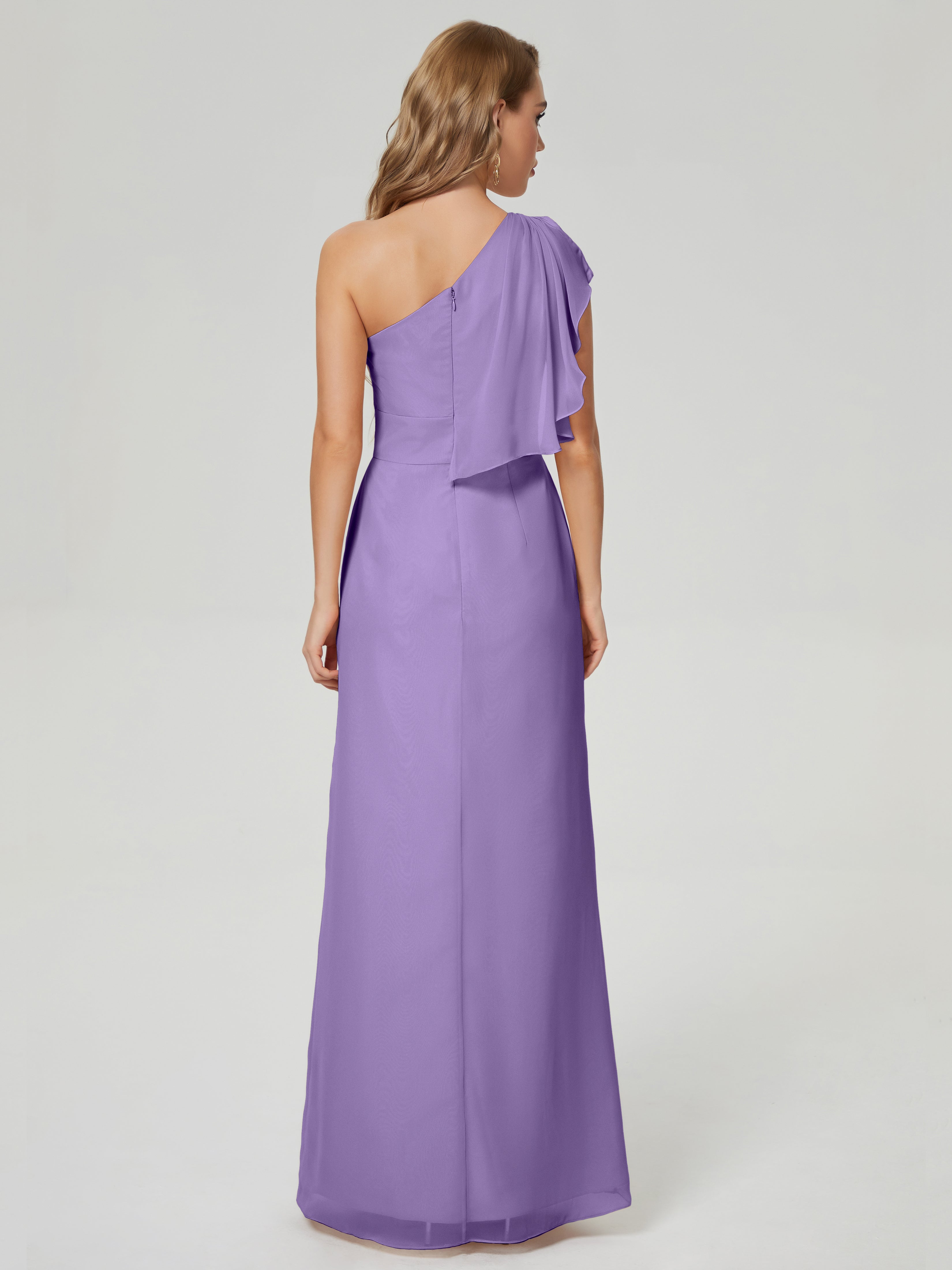Robes De Demoiselle D'Honneur Tahiti Fendue Seule-Épaule Mousseline Robes Demoiselle D'Honneur À Volants