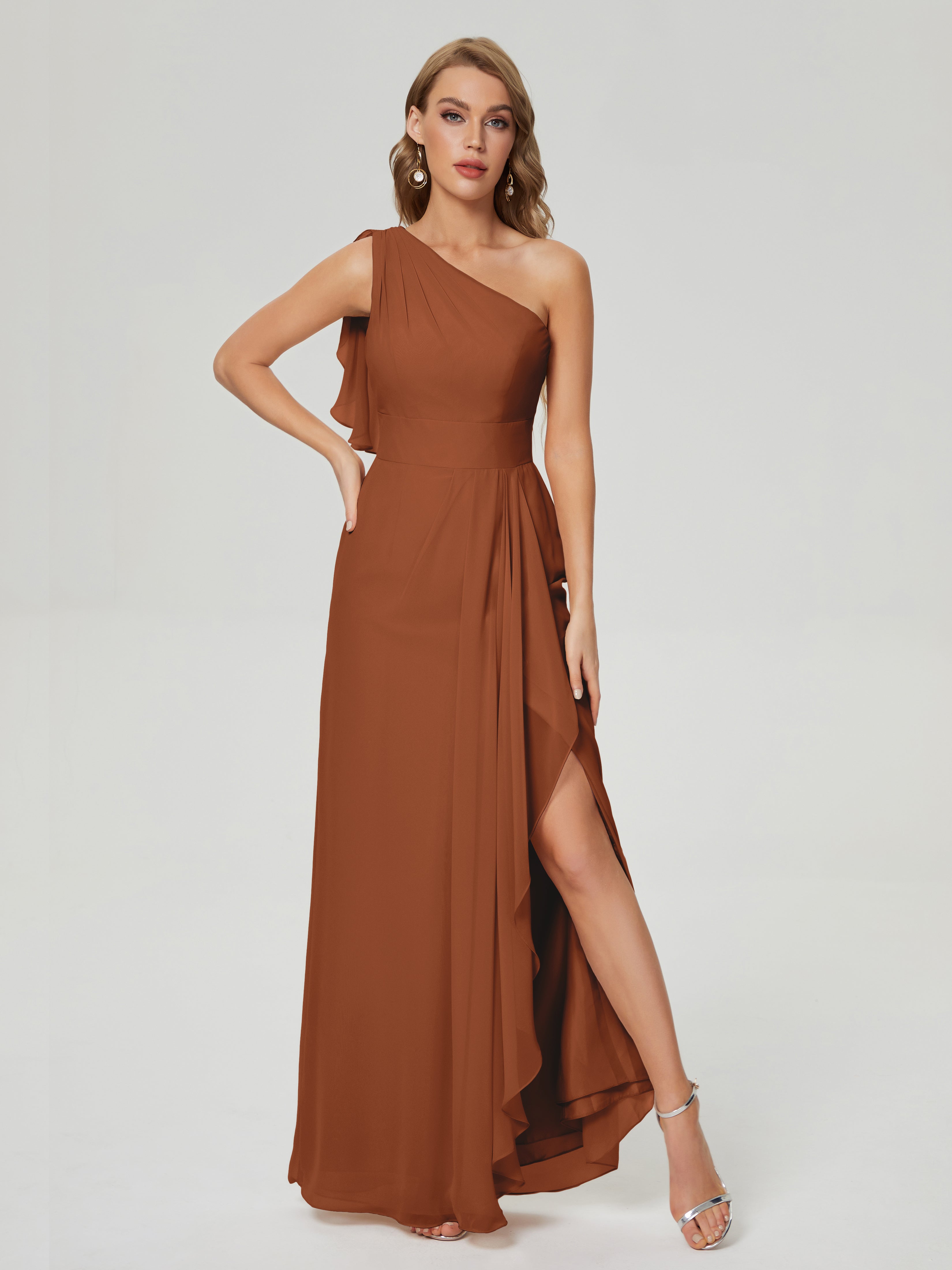 Robe De Demoiselle D Honneur Terracotta Fendue Seule-Épaule Mousseline Robes Demoiselle D'Honneur À Volants