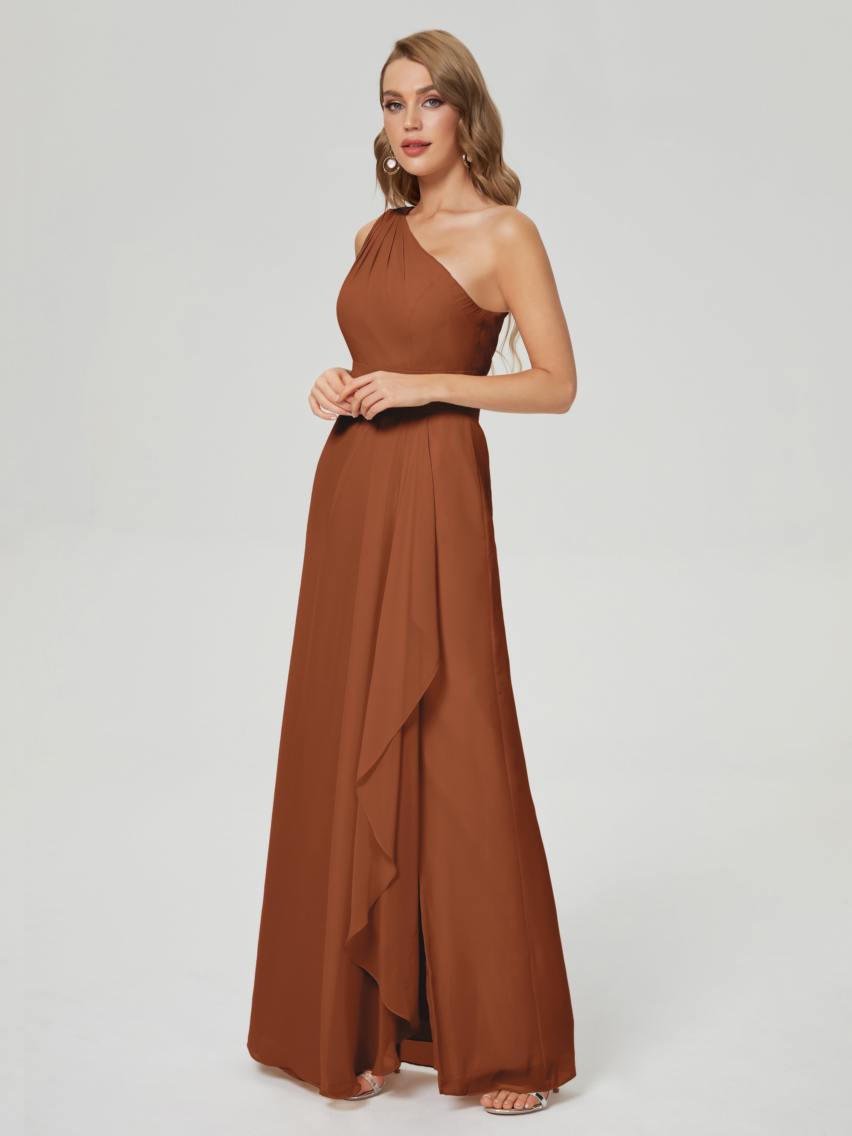 Robe De Demoiselle D Honneur Terracotta Fendue Seule-Épaule Mousseline Robes Demoiselle D'Honneur À Volants