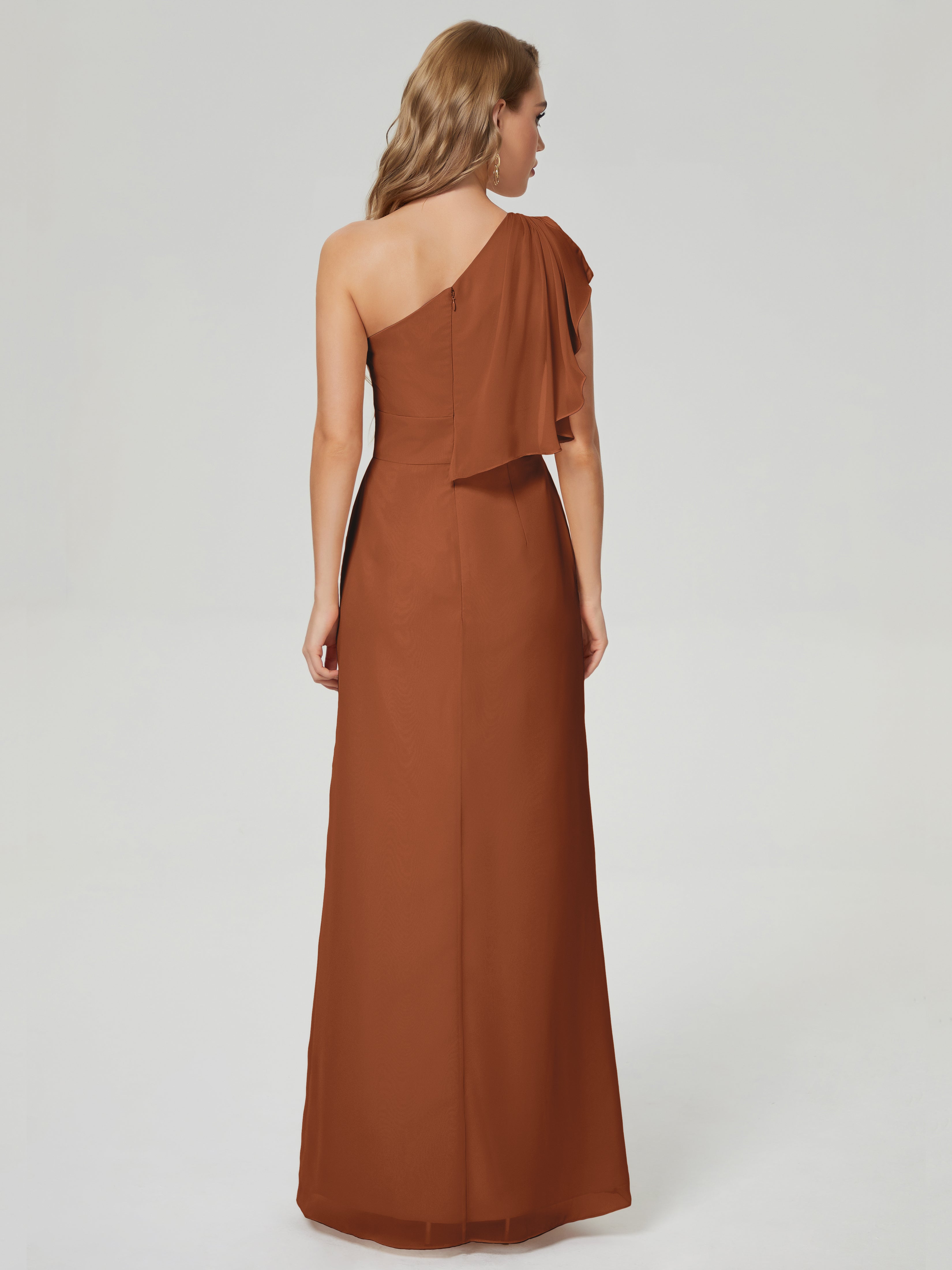 Robe De Demoiselle D Honneur Terracotta Fendue Seule-Épaule Mousseline Robes Demoiselle D'Honneur À Volants