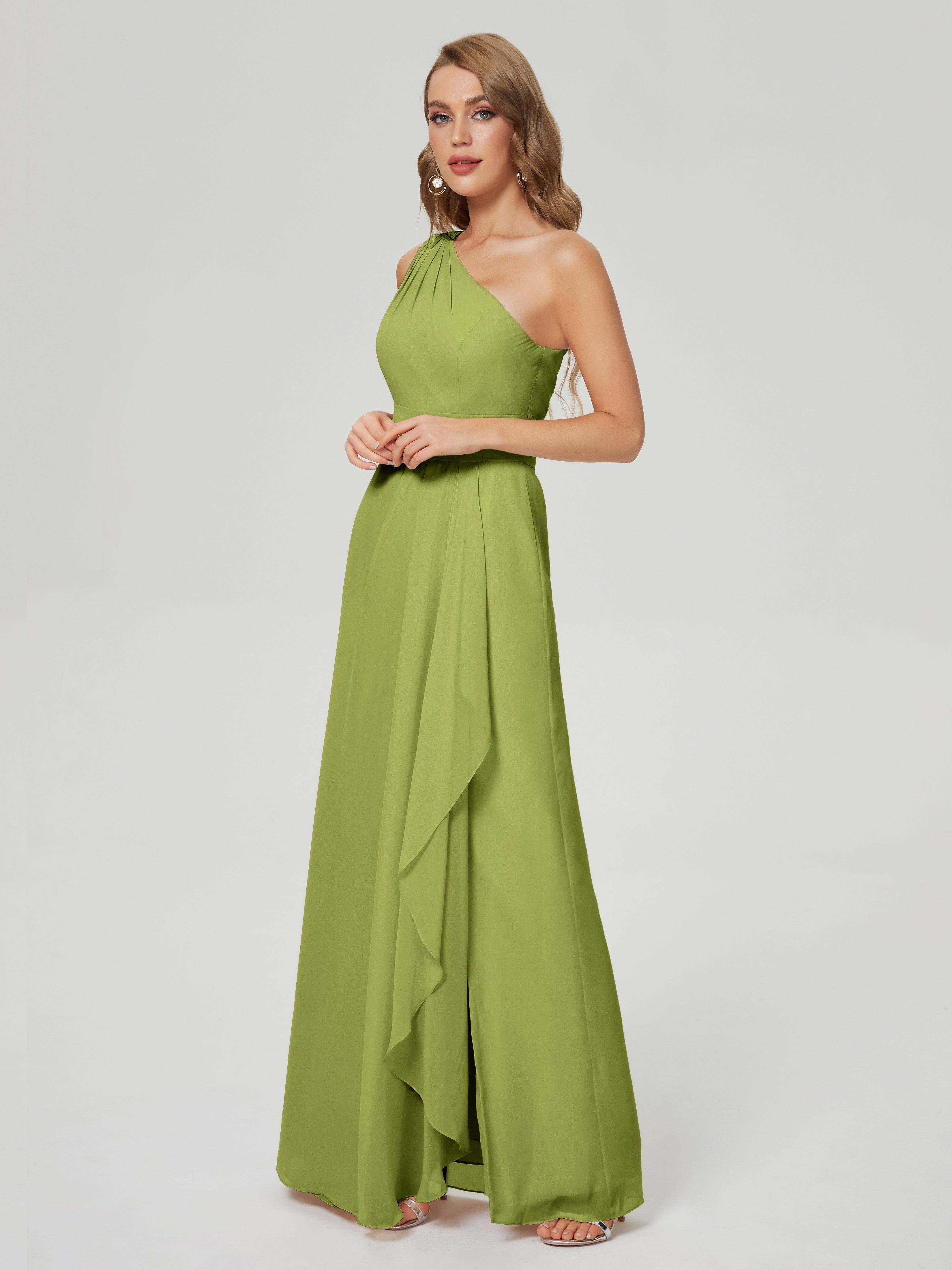 Robes De Demoiselle D'Honneur Trèfle Fendue Seule-Épaule Mousseline Robes Demoiselle D'Honneur À Volants