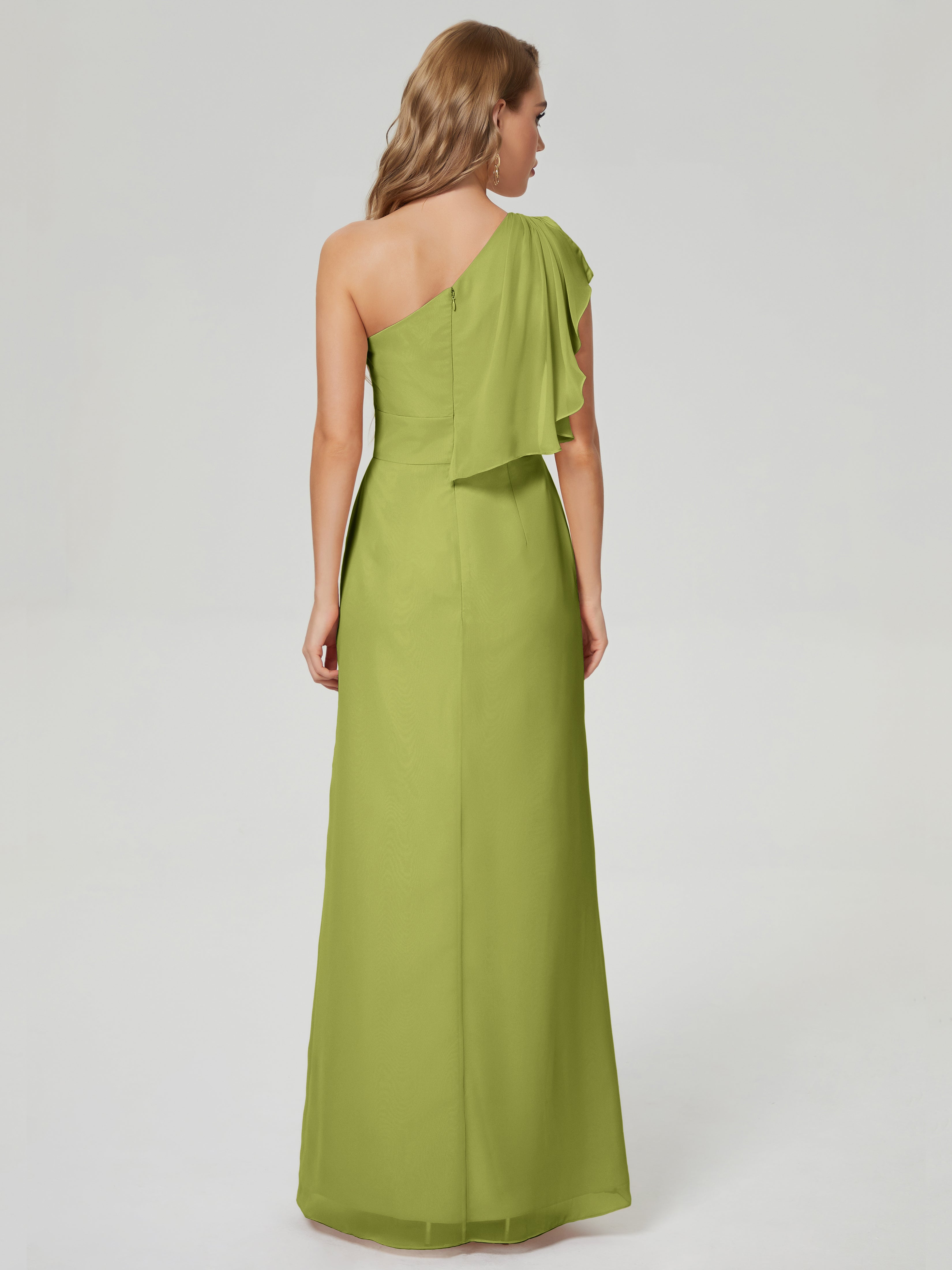 Robes De Demoiselle D'Honneur Trèfle Fendue Seule-Épaule Mousseline Robes Demoiselle D'Honneur À Volants
