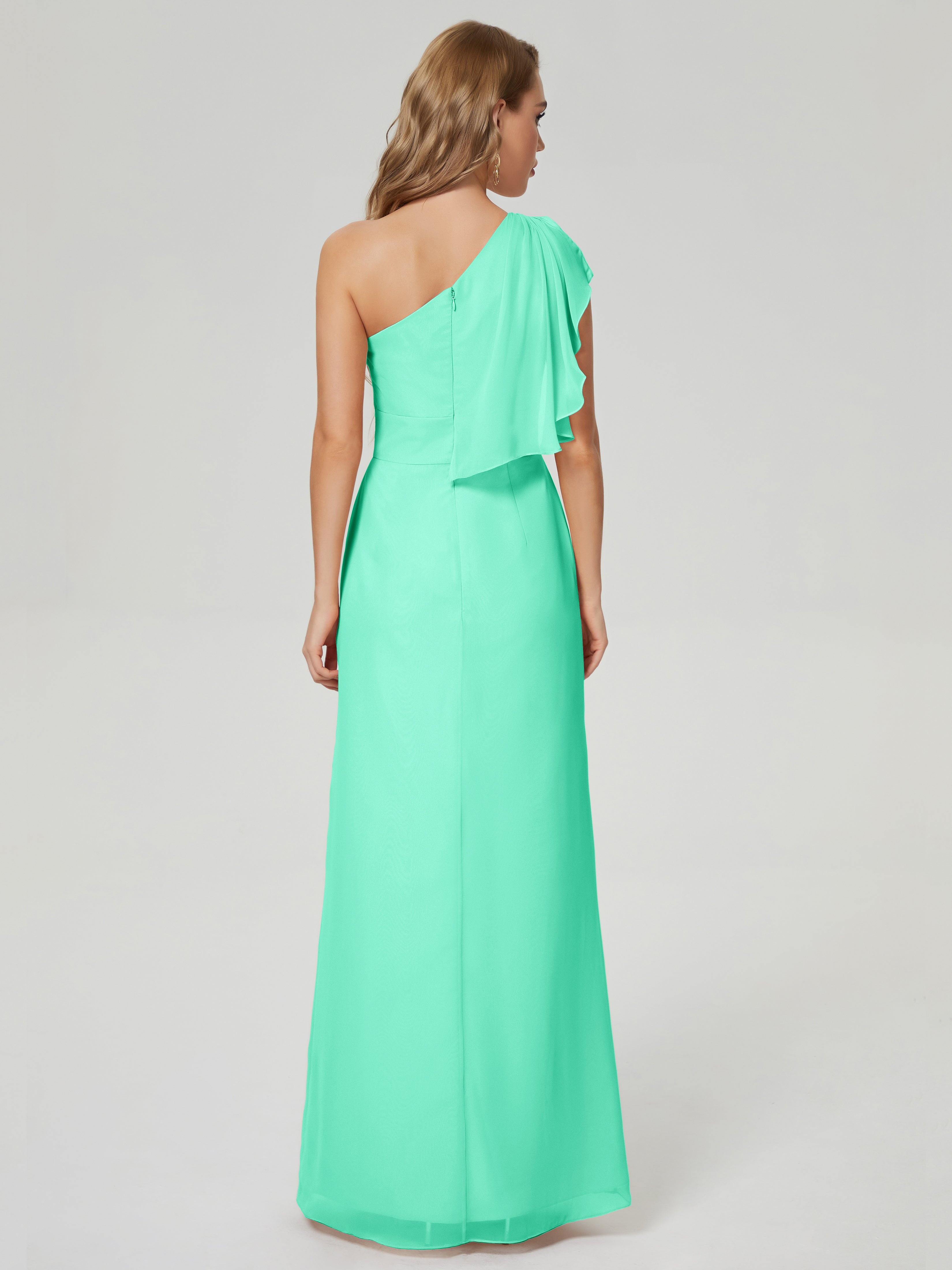 Robe Turquoise Demoiselle D Honneur Fendue Seule-Épaule Mousseline Robes Demoiselle D'Honneur À Volants
