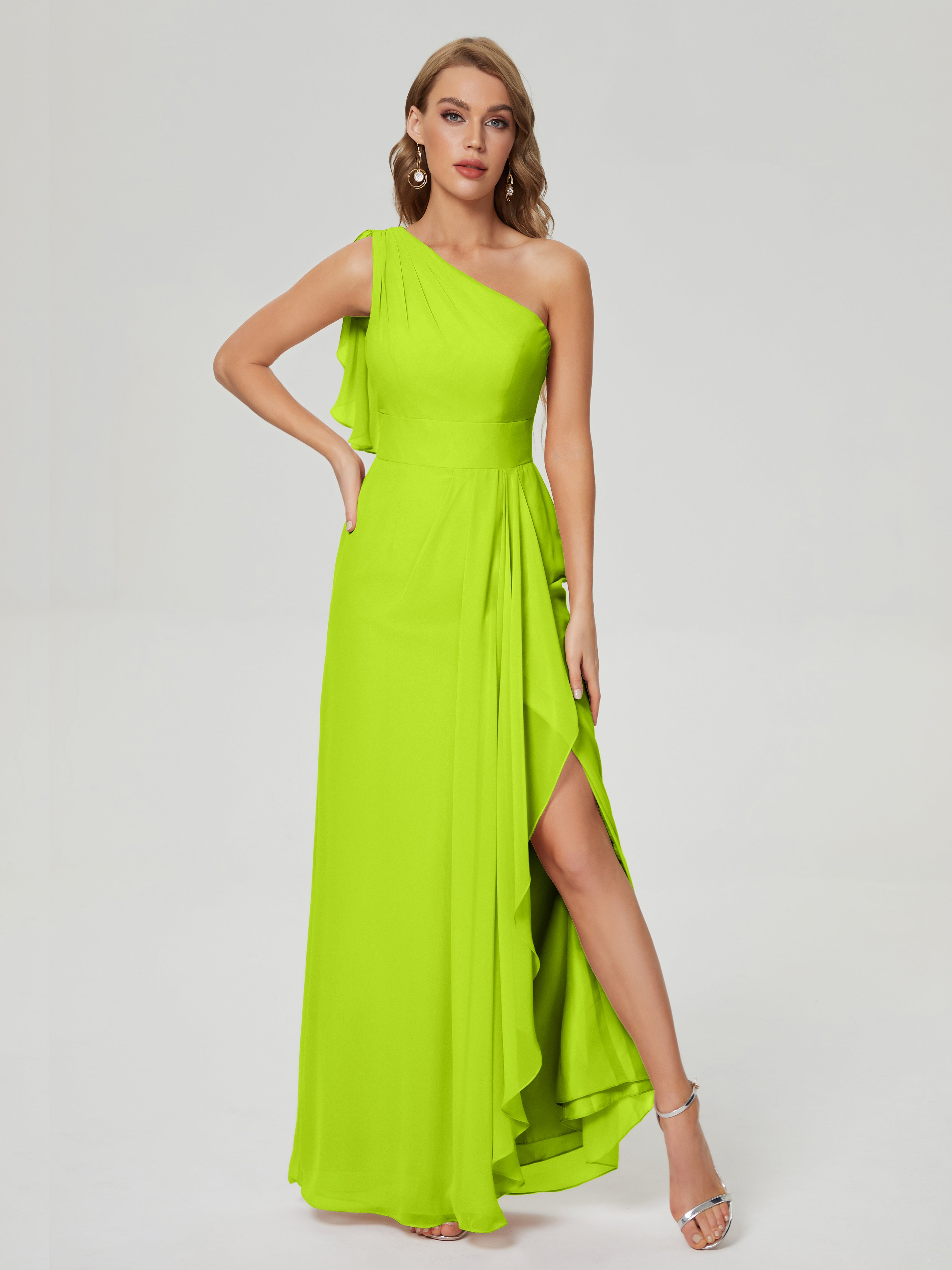Robes De Demoiselle D'Honneur Vert Citron Fendue Seule-Épaule Mousseline Robes Demoiselle D'Honneur À Volants