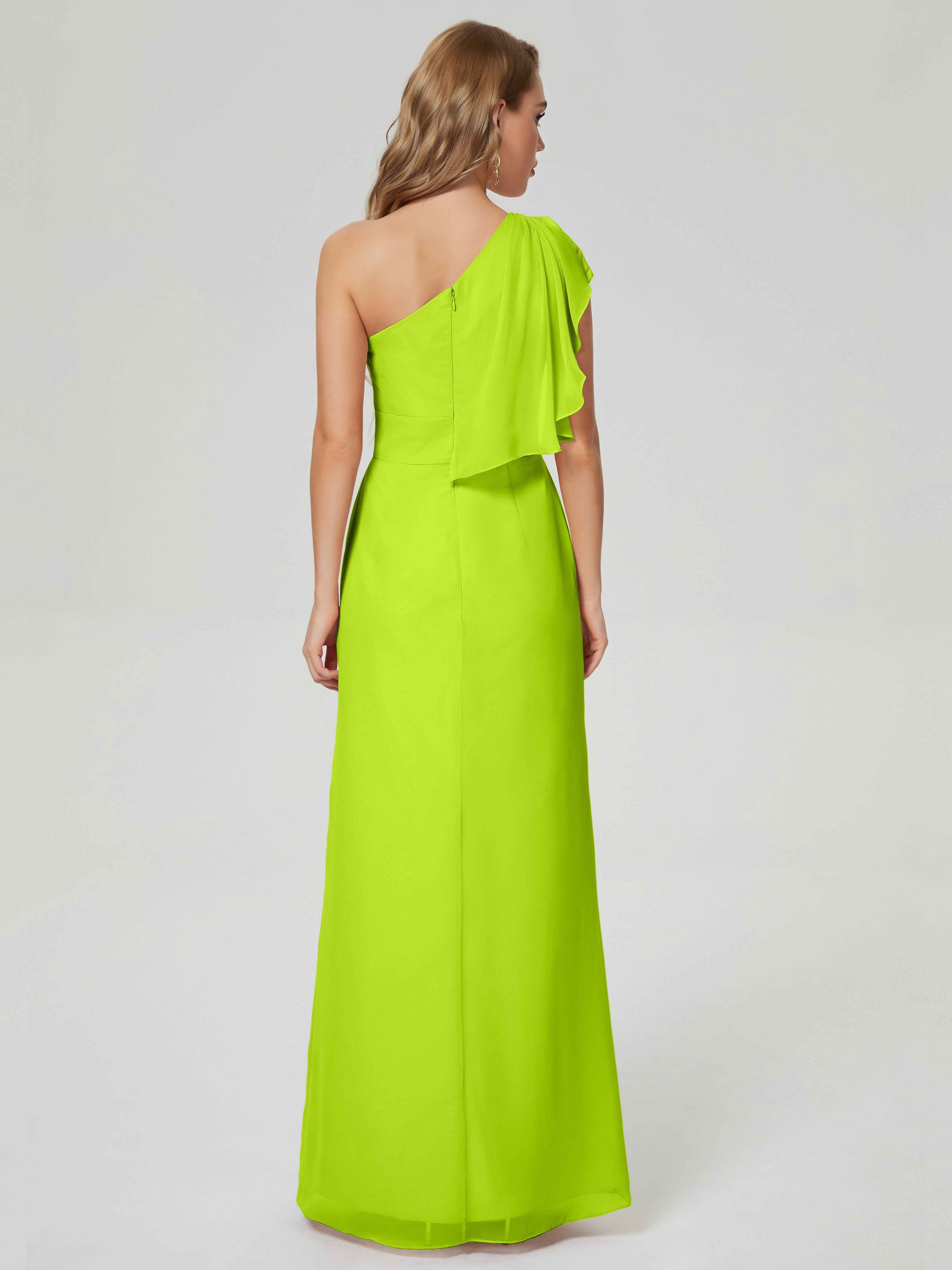 Robes De Demoiselle D'Honneur Vert Citron Fendue Seule-Épaule Mousseline Robes Demoiselle D'Honneur À Volants