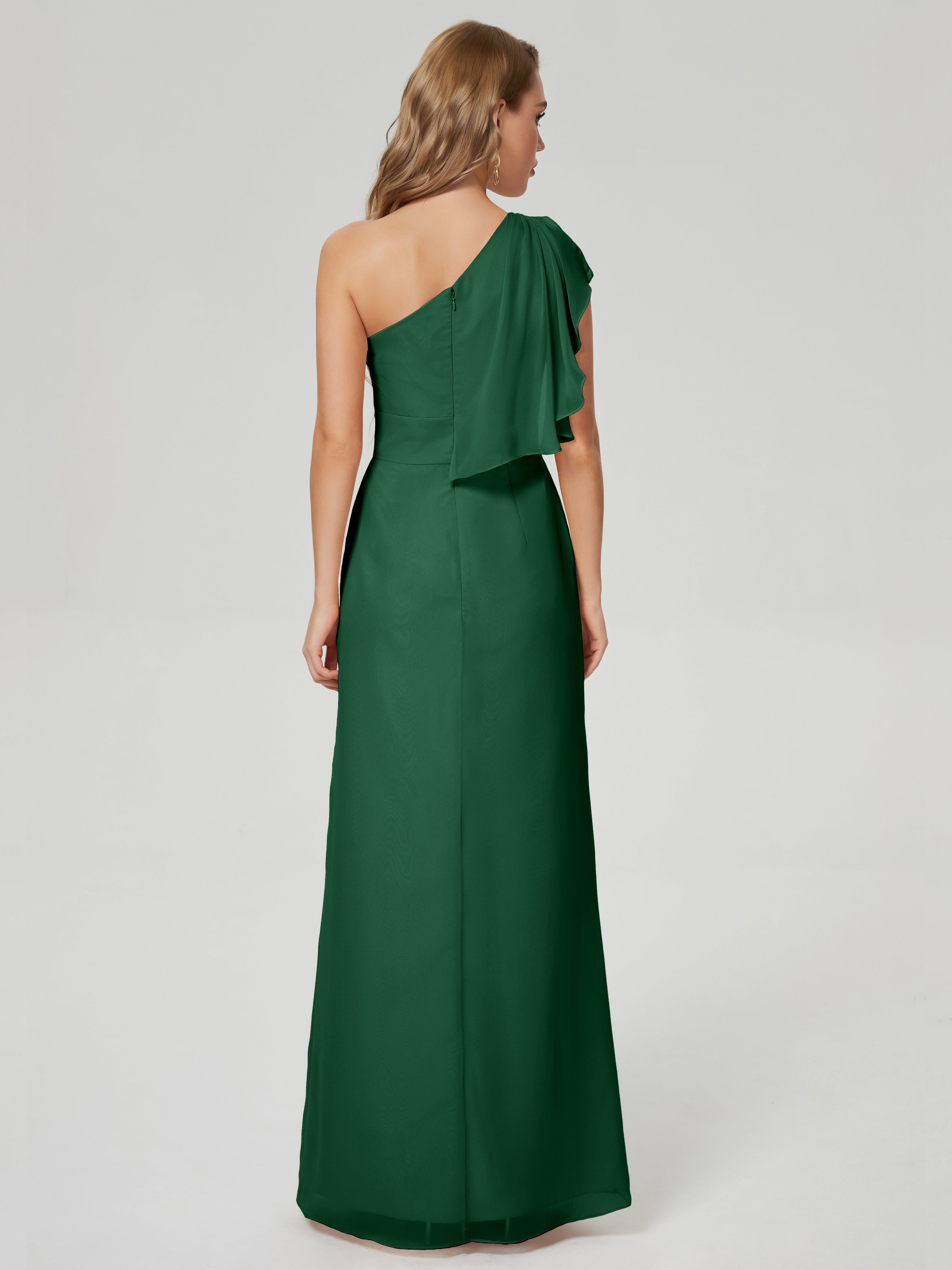 Robe Demoiselle D Honneur Vert Foncé Fendue Seule-Épaule Mousseline Robes Demoiselle D'Honneur À Volants