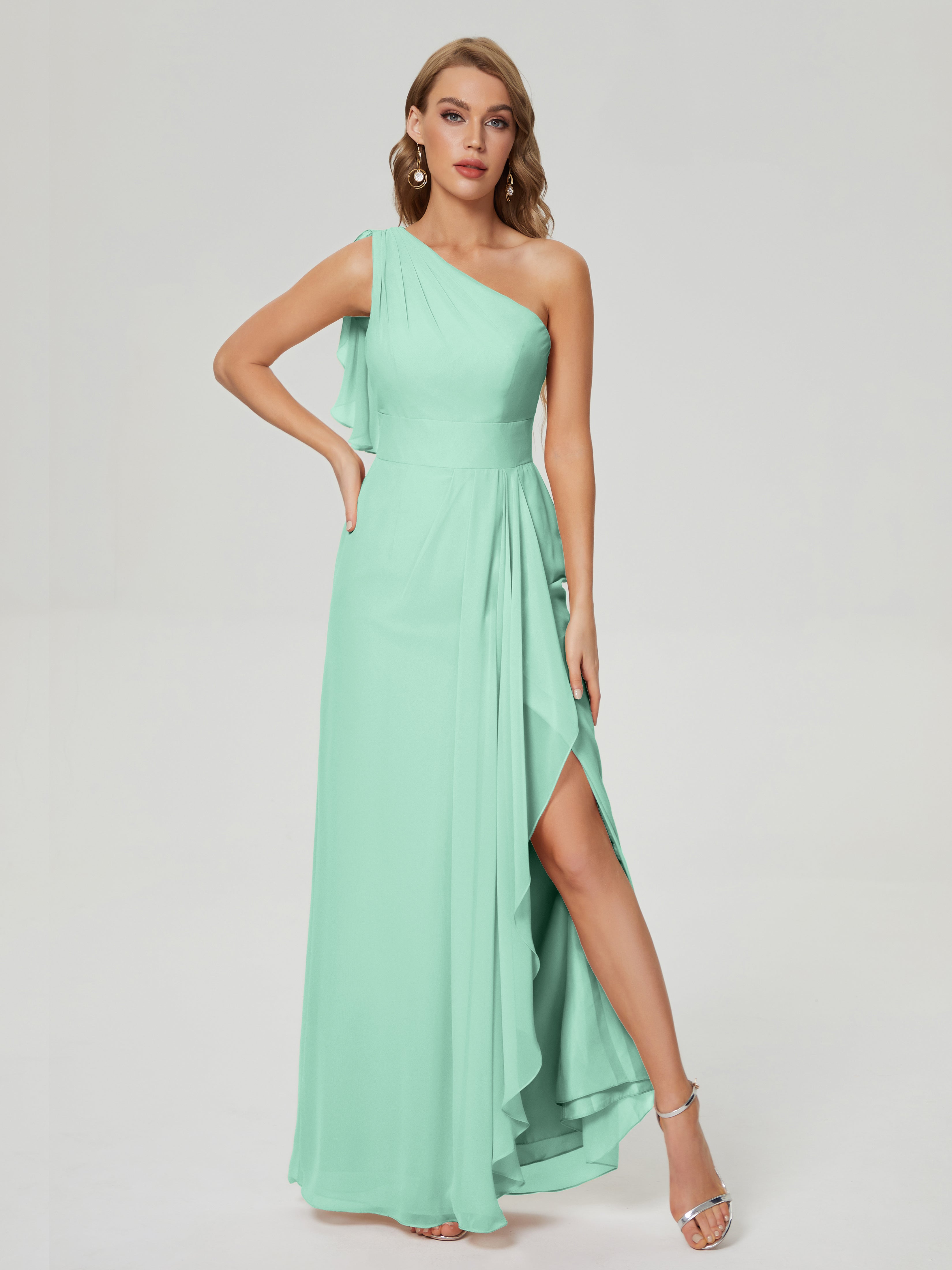 Robe Demoiselle D Honneur Menthe Fendue Seule-Épaule Mousseline Robes Demoiselle D'Honneur À Volants