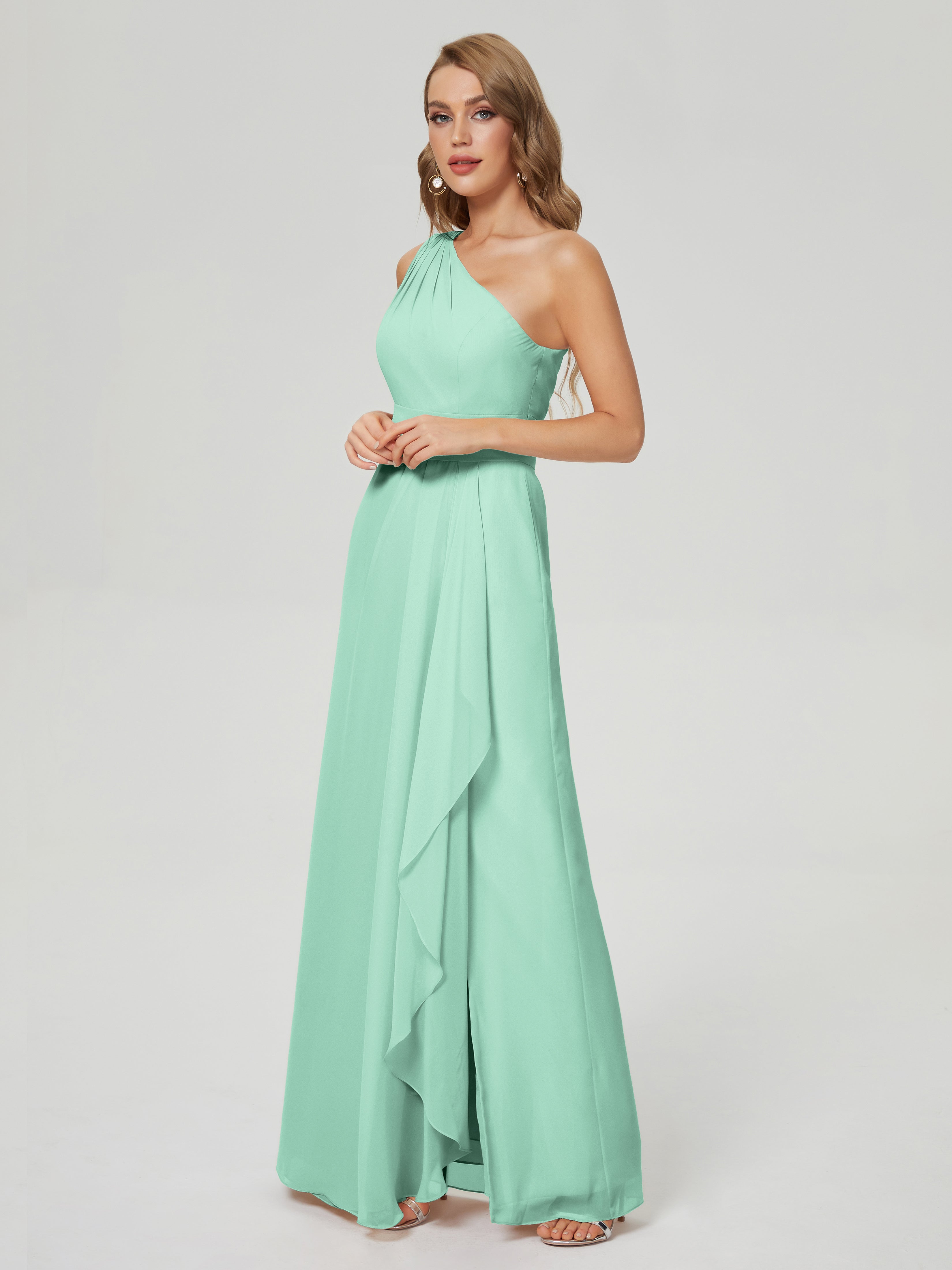 Robe Demoiselle D Honneur Menthe Fendue Seule-Épaule Mousseline Robes Demoiselle D'Honneur À Volants