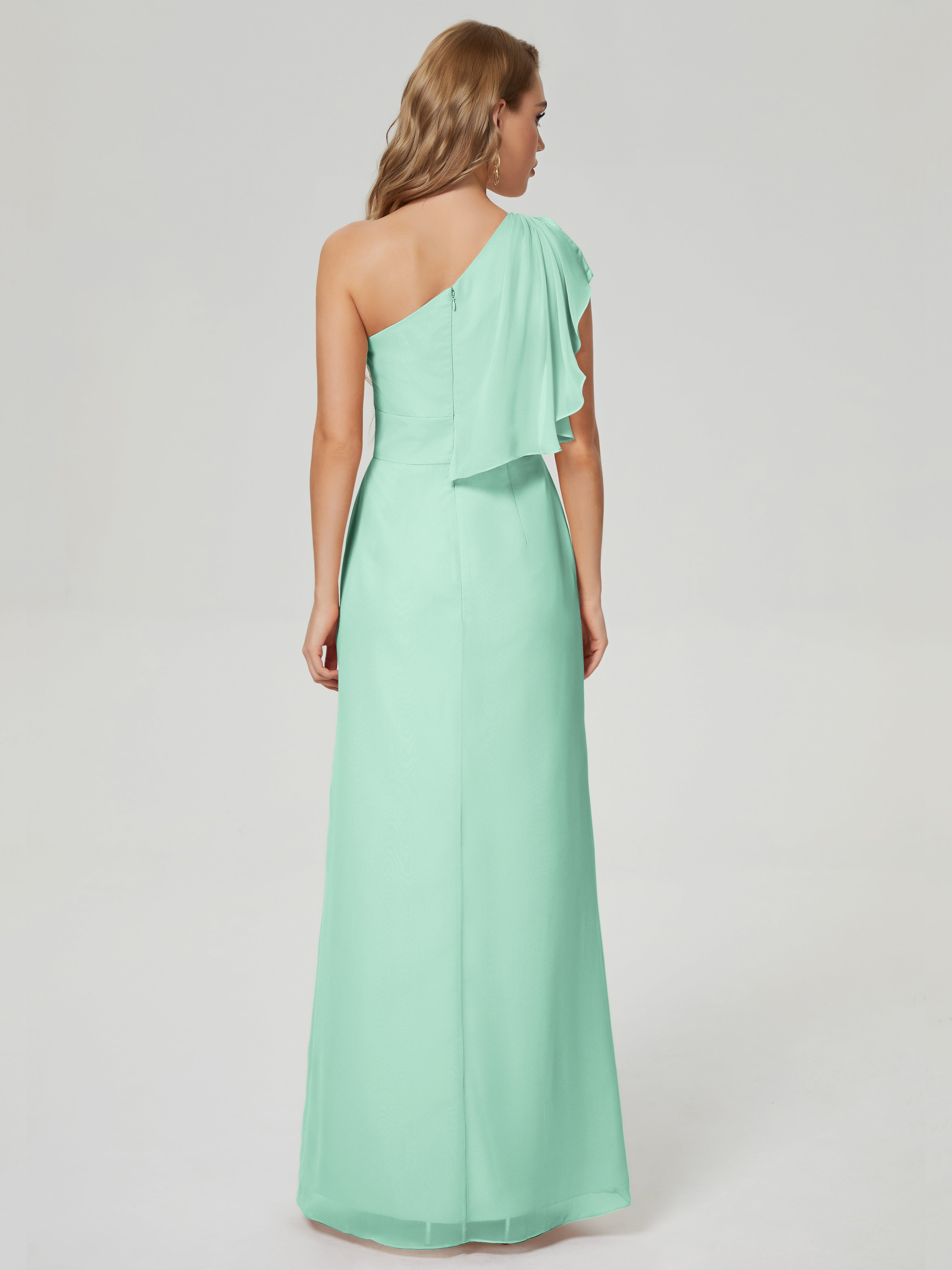 Robe Demoiselle D Honneur Menthe Fendue Seule-Épaule Mousseline Robes Demoiselle D'Honneur À Volants