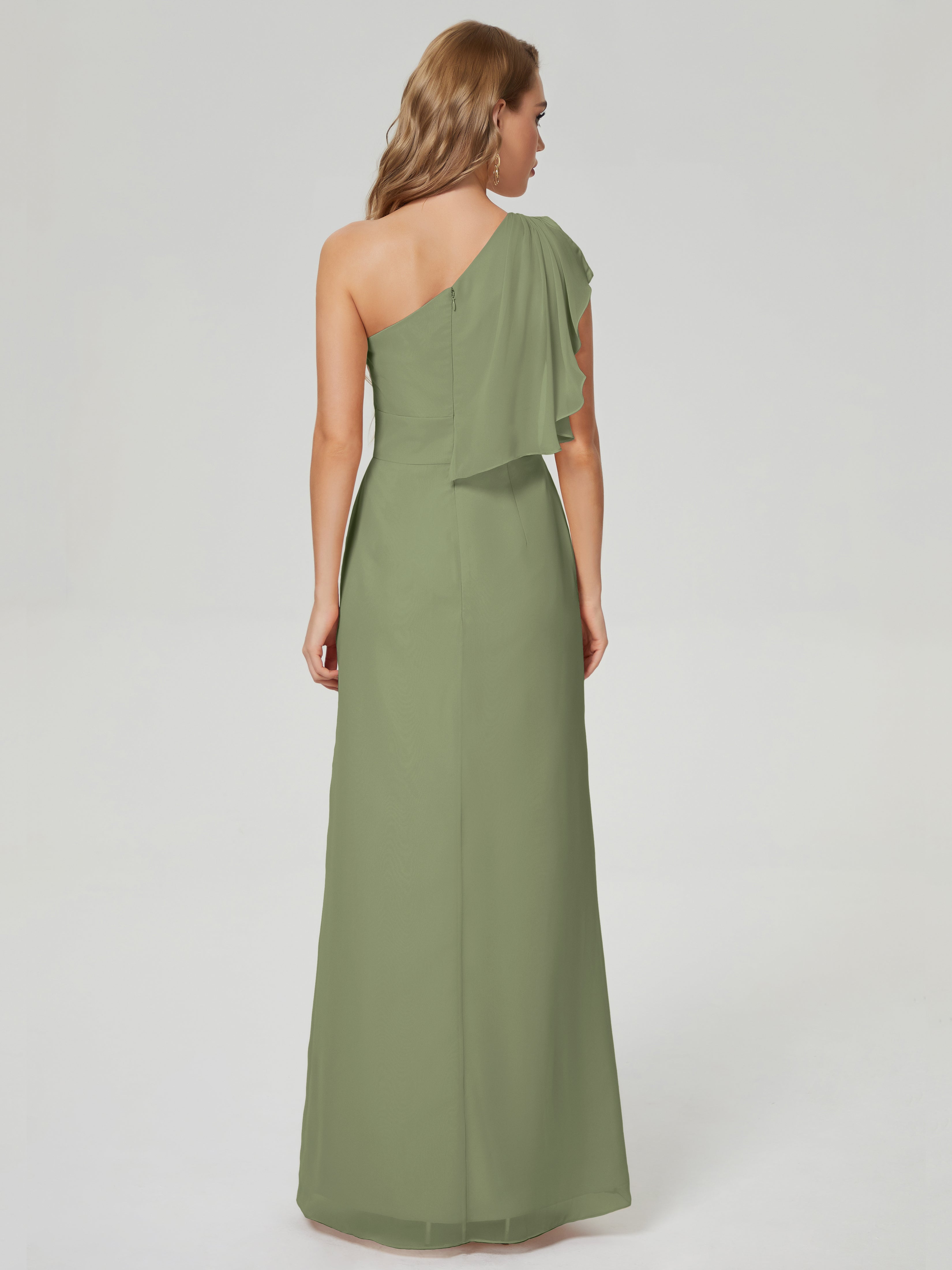 Robe De Demoiselle D Honneur Vert Olive Fendue Seule-Épaule Mousseline Robes Demoiselle D'Honneur À Volants