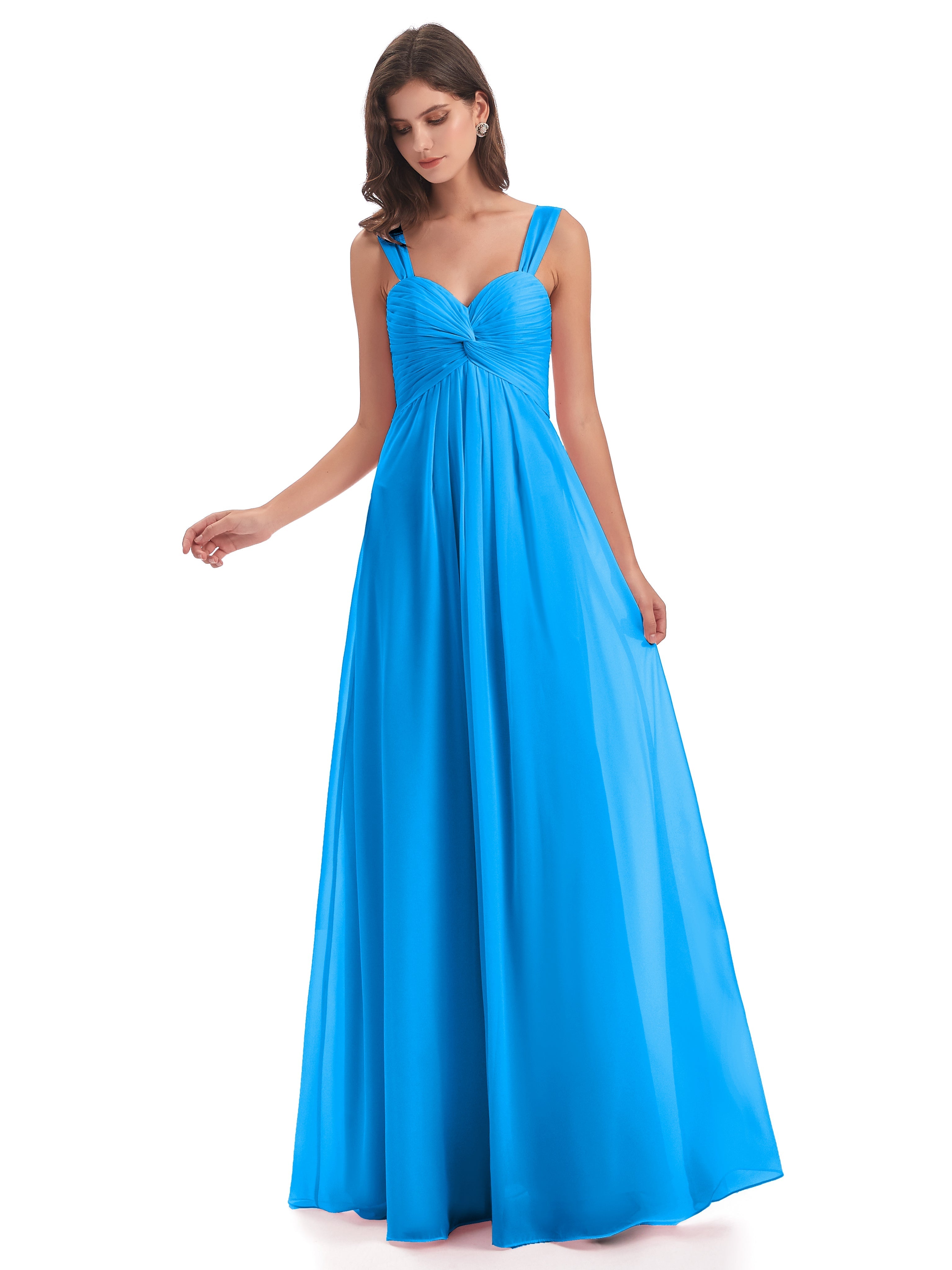 Robes De Demoiselle D'Honneur Bleu Océan Colonne Bretelle Mousseline Robes Demoiselle D'Honneur