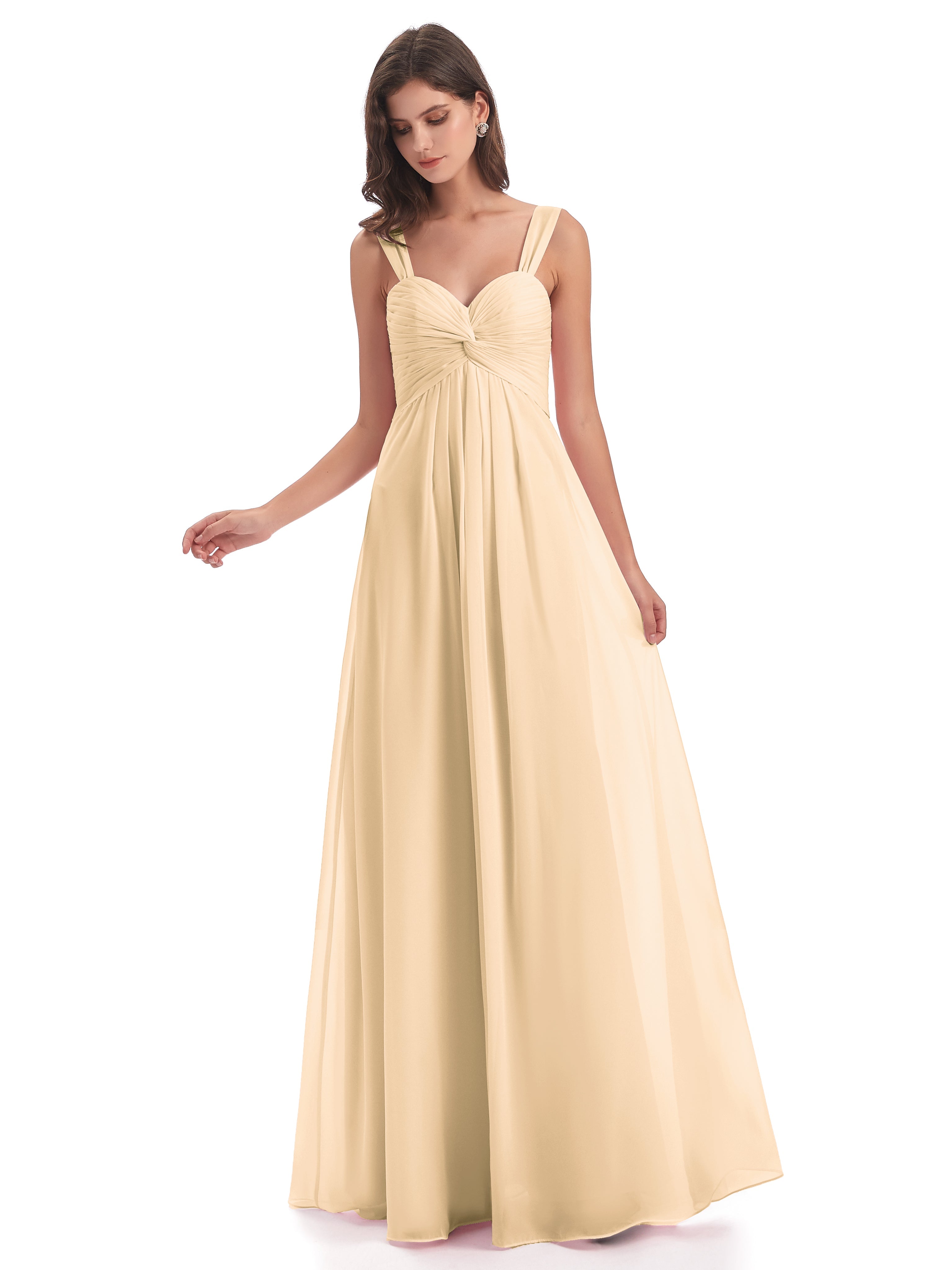 Robe Demoiselle D Honneur Pêche Colonne Bretelle Mousseline Robes Demoiselle D'Honneur