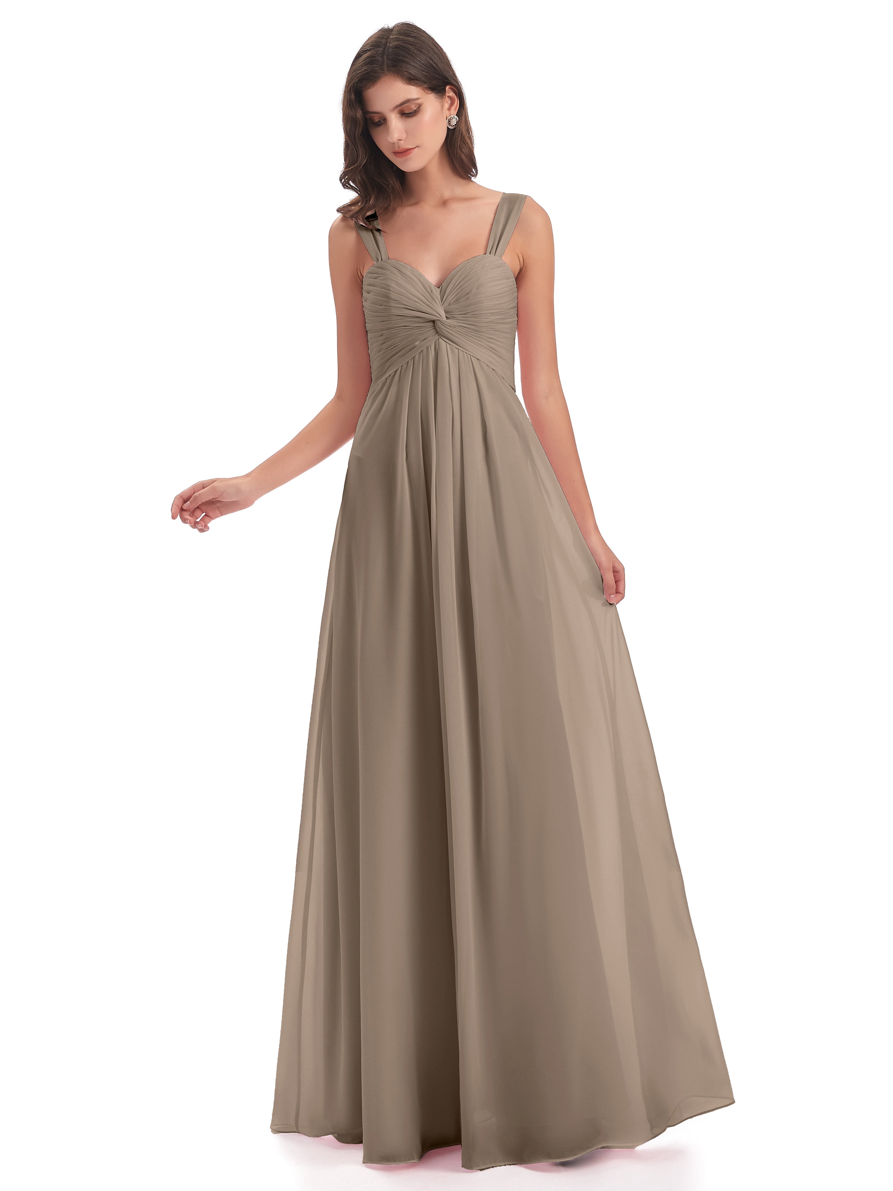 Robe Ceremonie Taupe Colonne Bretelle Mousseline Robes Demoiselle D'Honneur