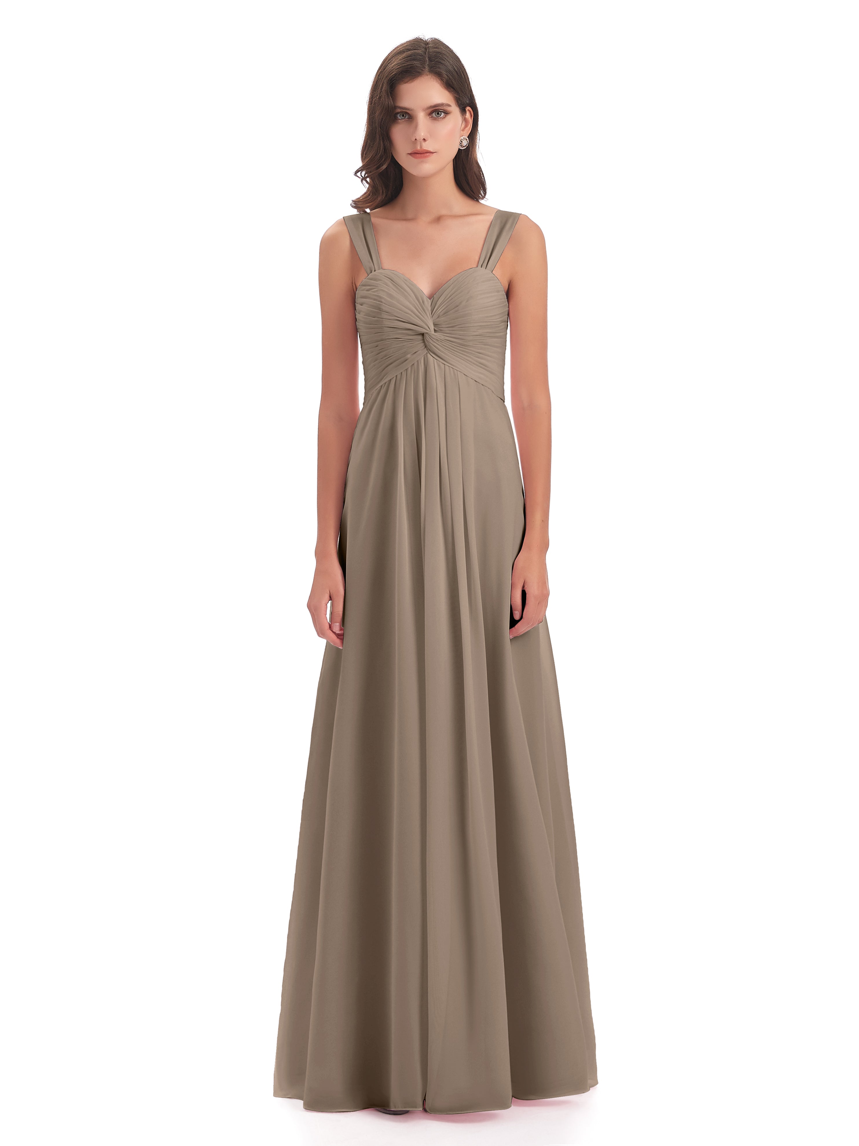 Robe Ceremonie Taupe Colonne Bretelle Mousseline Robes Demoiselle D'Honneur