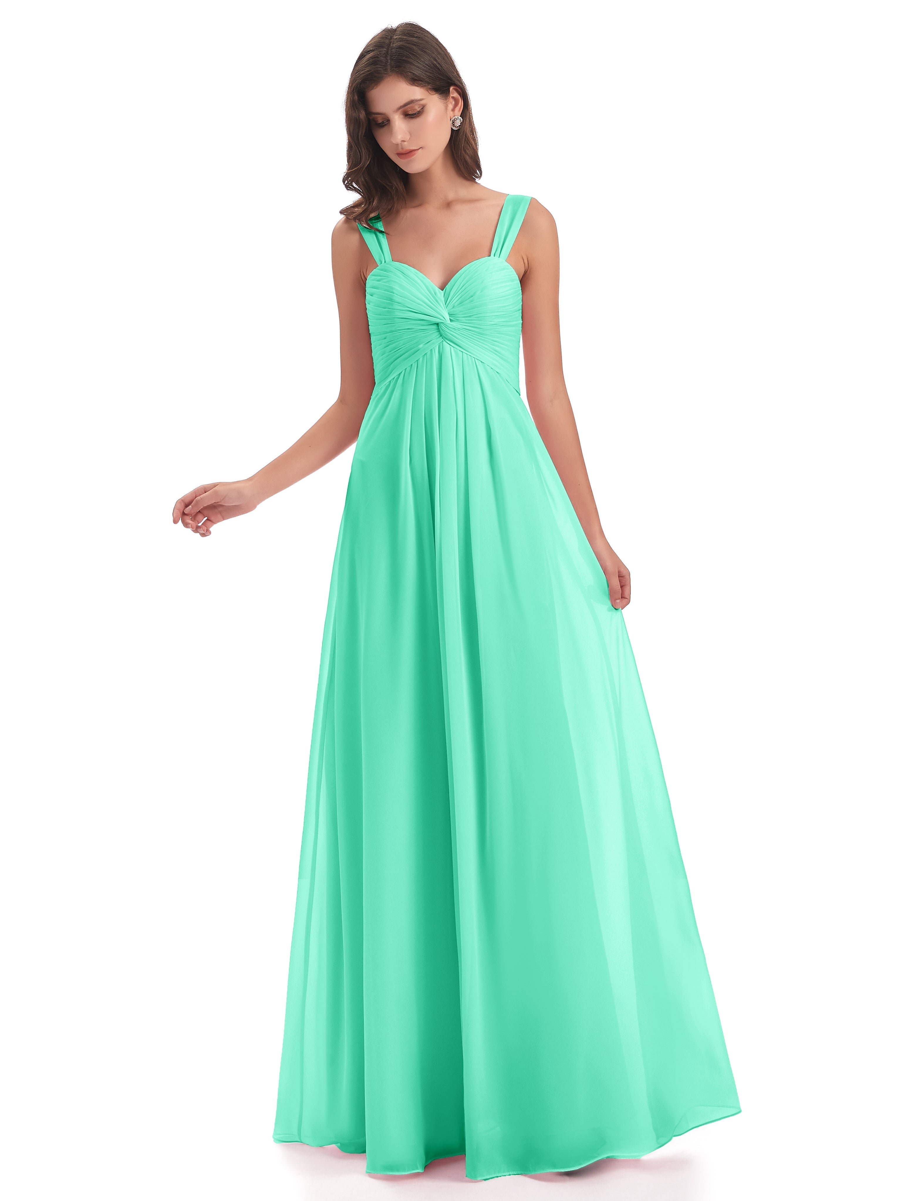 Robe Turquoise Demoiselle D Honneur Colonne Bretelle Mousseline Robes Demoiselle D'Honneur