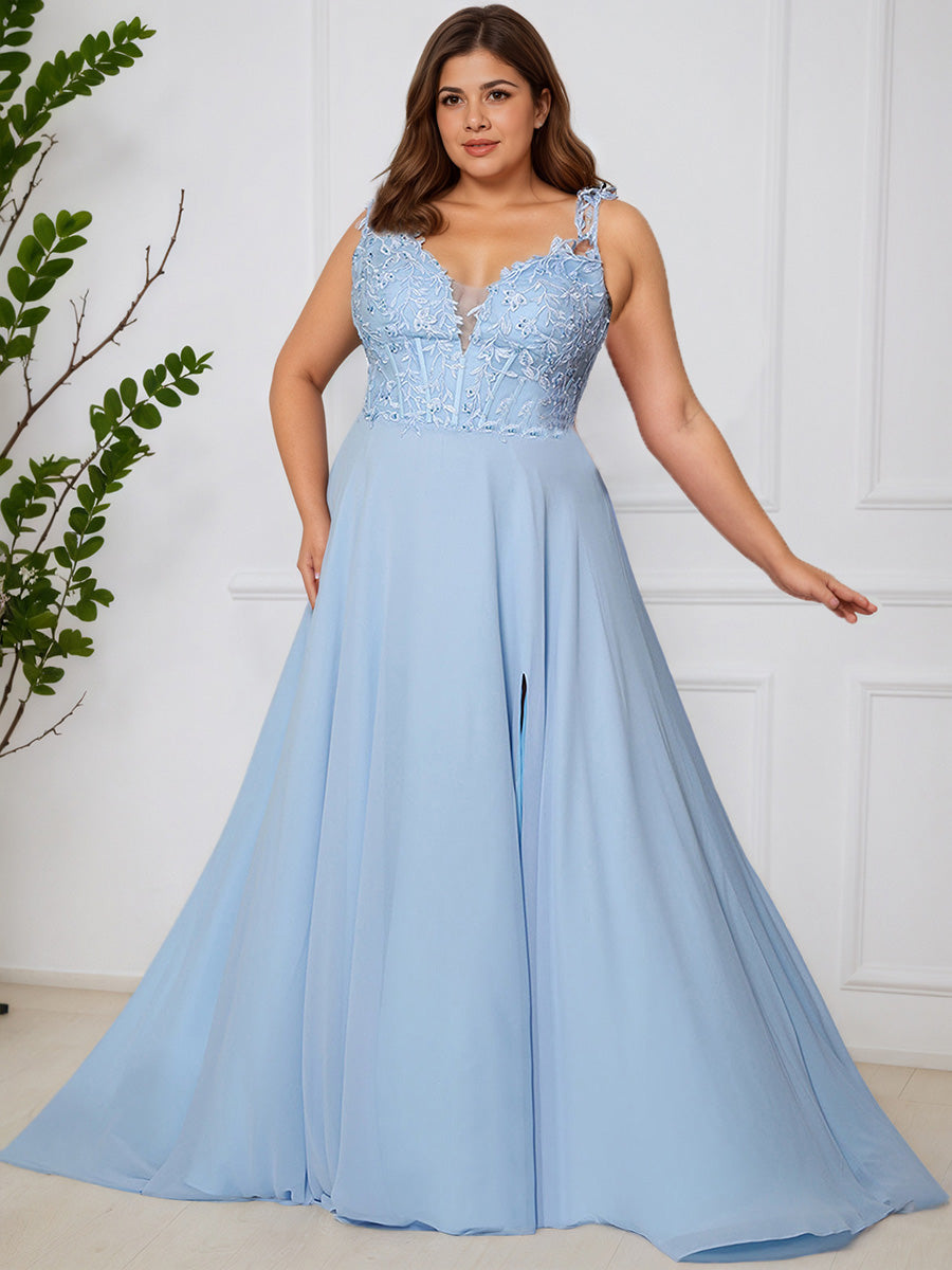 Cicinia Bleu Ciel Robe de Bal Longue Élégante en Dentelle et Chiffon sans Manches Ligne A Grande Taille