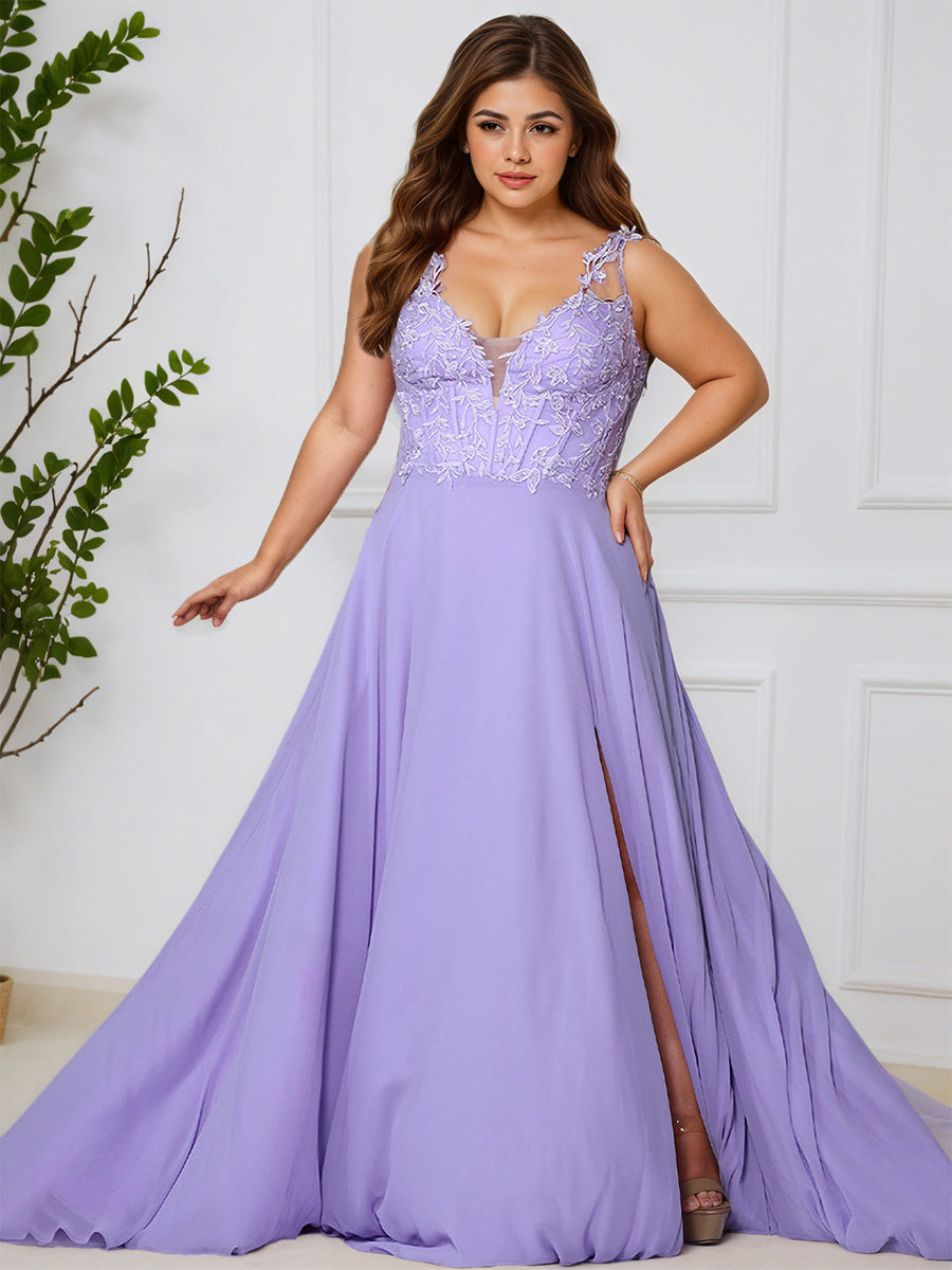 Cicinia LILAS Robe de Bal Longue Élégante en Dentelle et Chiffon sans Manches Ligne A Grande Taille