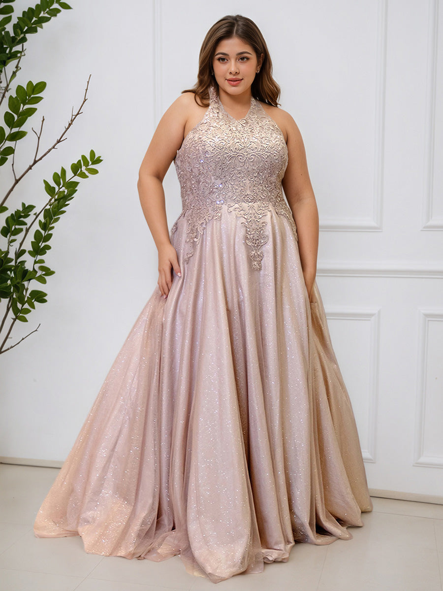 Cicinia Or Rose Robe de Bal Longue Charmante en Dentelle et Tulle Dos Nu Licou Ligne A Grande Taille