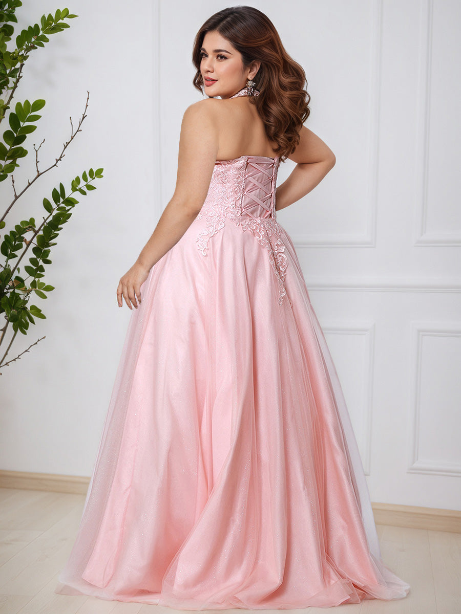 Cicinia Rose Robe de Bal Longue Charmante en Dentelle et Tulle Dos Nu Licou Ligne A Grande Taille
