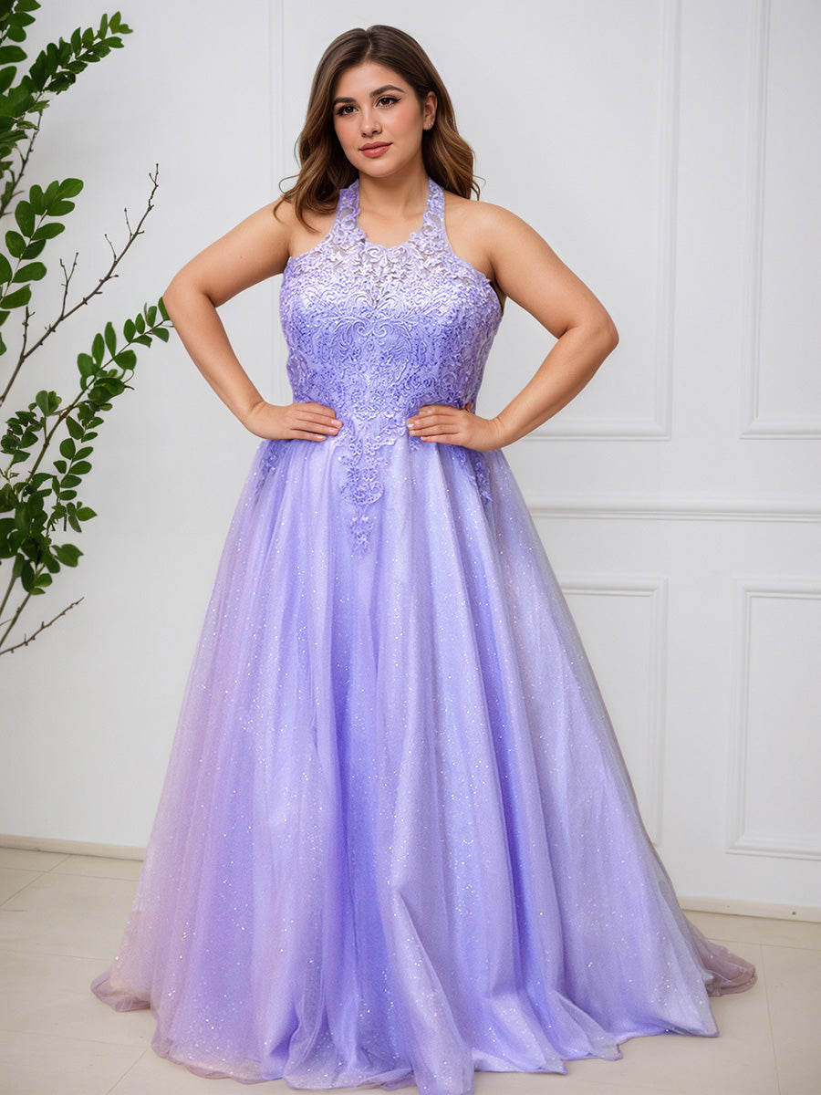 Cicinia LILAS Robe de Bal Longue Charmante en Dentelle et Tulle Dos Nu Licou Ligne A Grande Taille