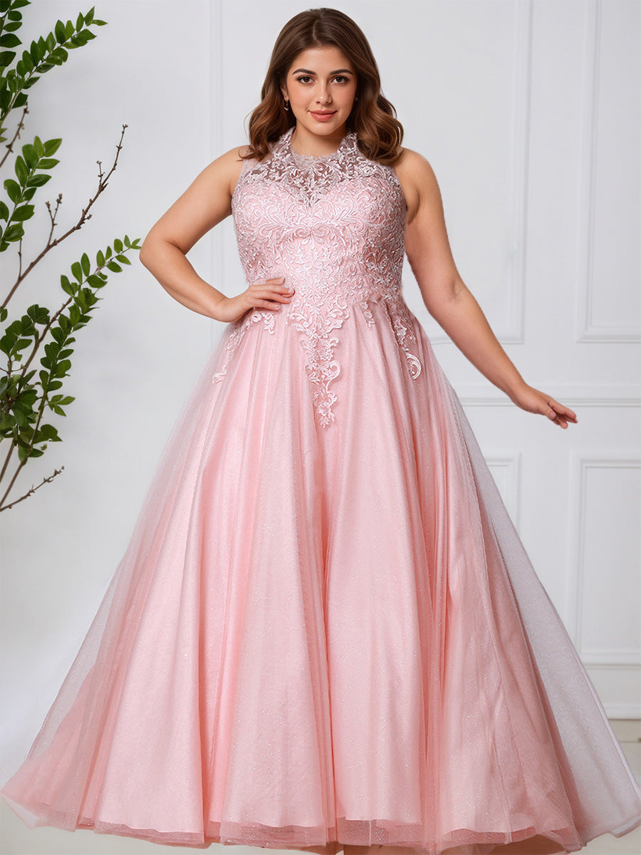 Cicinia Rose Robe de Bal Longue Charmante en Dentelle et Tulle Dos Nu Licou Ligne A Grande Taille