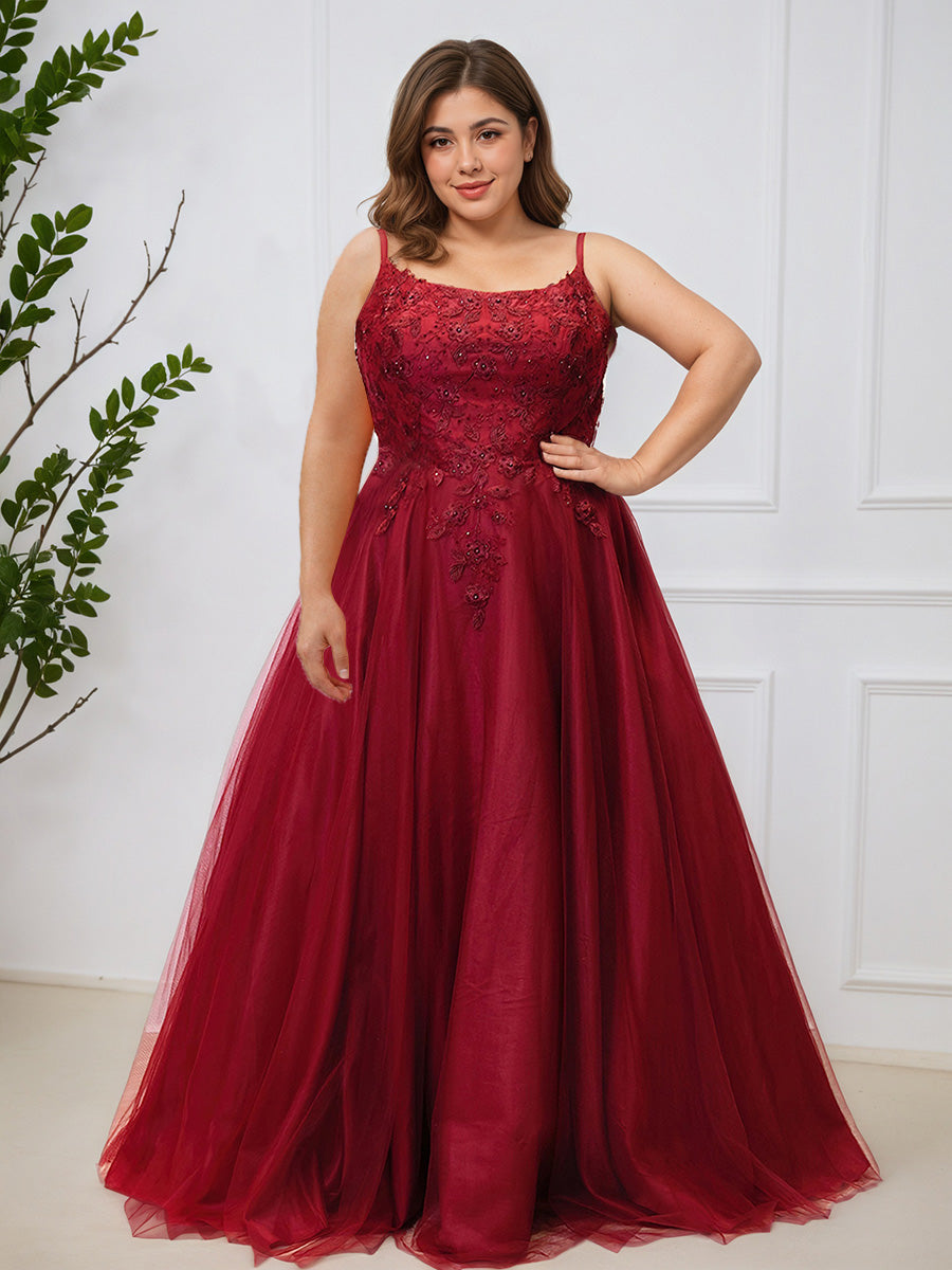 Cicinia Bordeaux Robe de Bal Dentelle Tulle Perles A-Line Longue Grande Taille