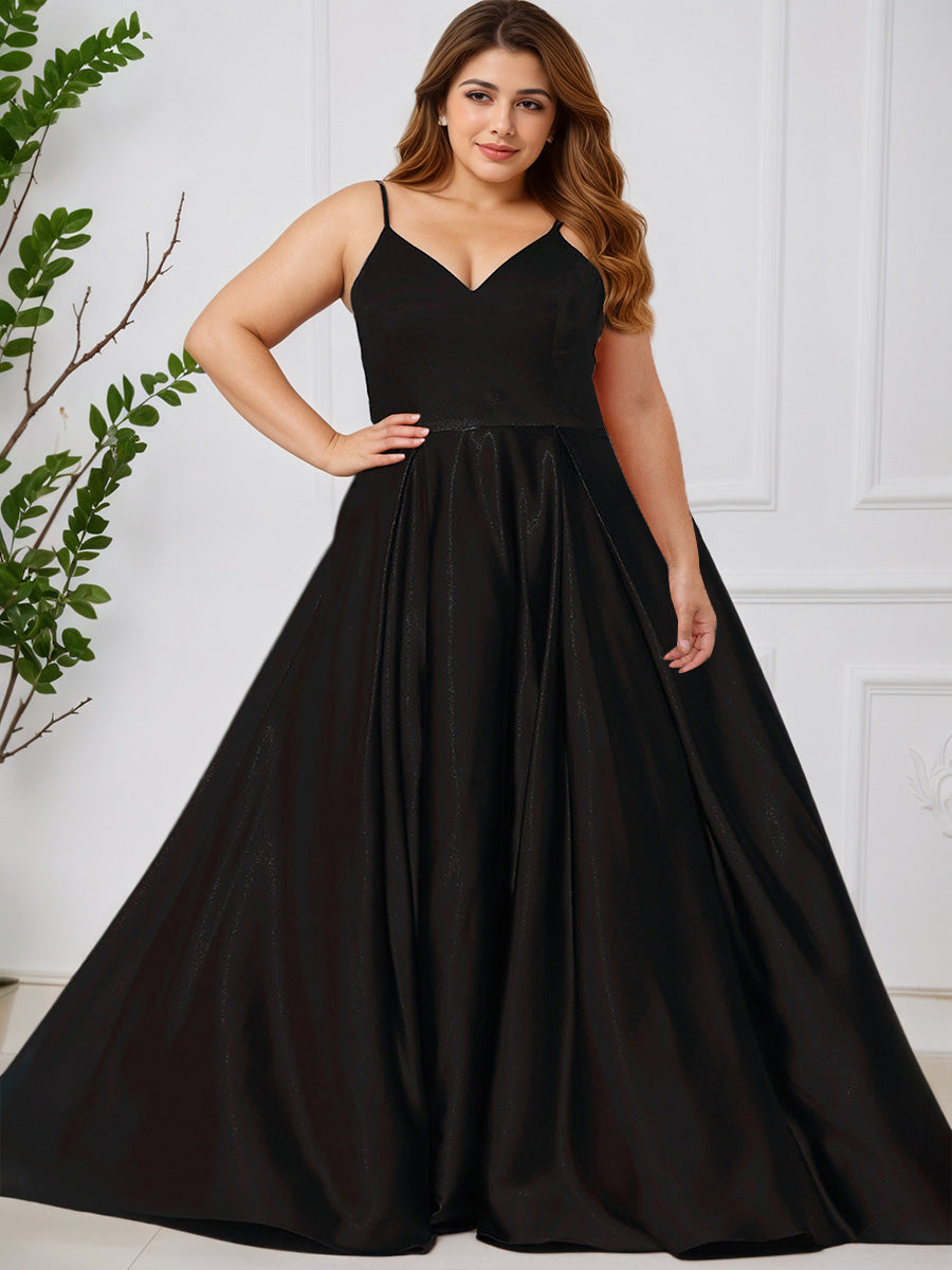 Cicinia NOIR Robe de Bal Longue Simple en Satin Doux à Bretelles Fines Ligne A Grande Taille