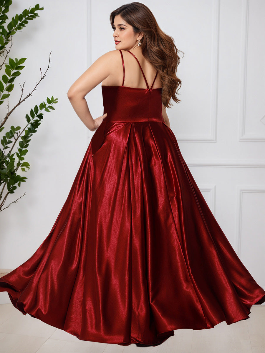 Cicinia BORDEAUX Robe de Bal Longue Simple en Satin Doux à Bretelles Fines Ligne A Grande Taille