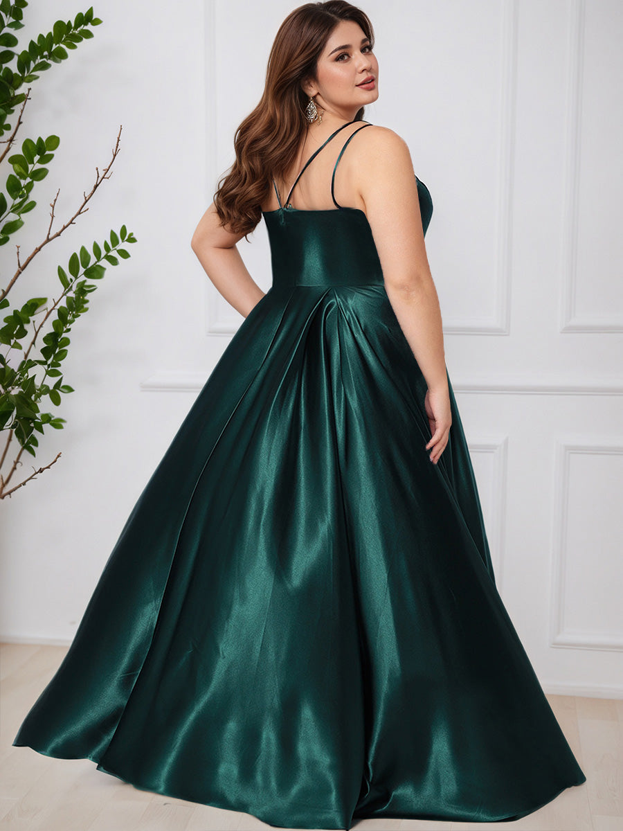 Cicinia VERT_FONCE Robe de Bal Longue Simple en Satin Doux à Bretelles Fines Ligne A Grande Taille